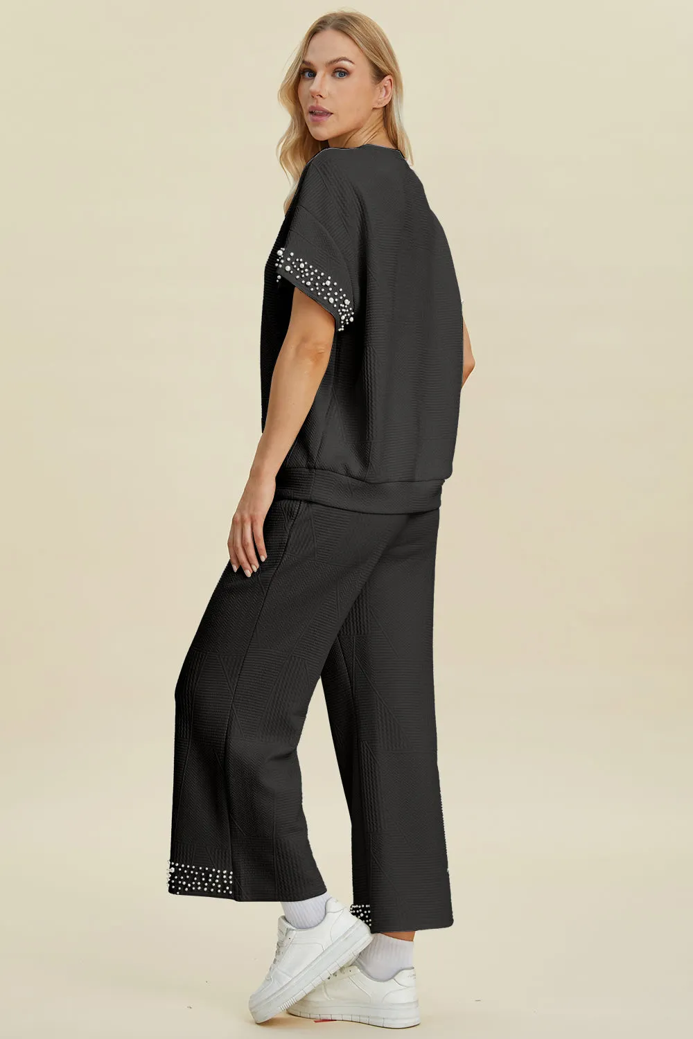 Pearl Detail Round Neck Top and Pants Set