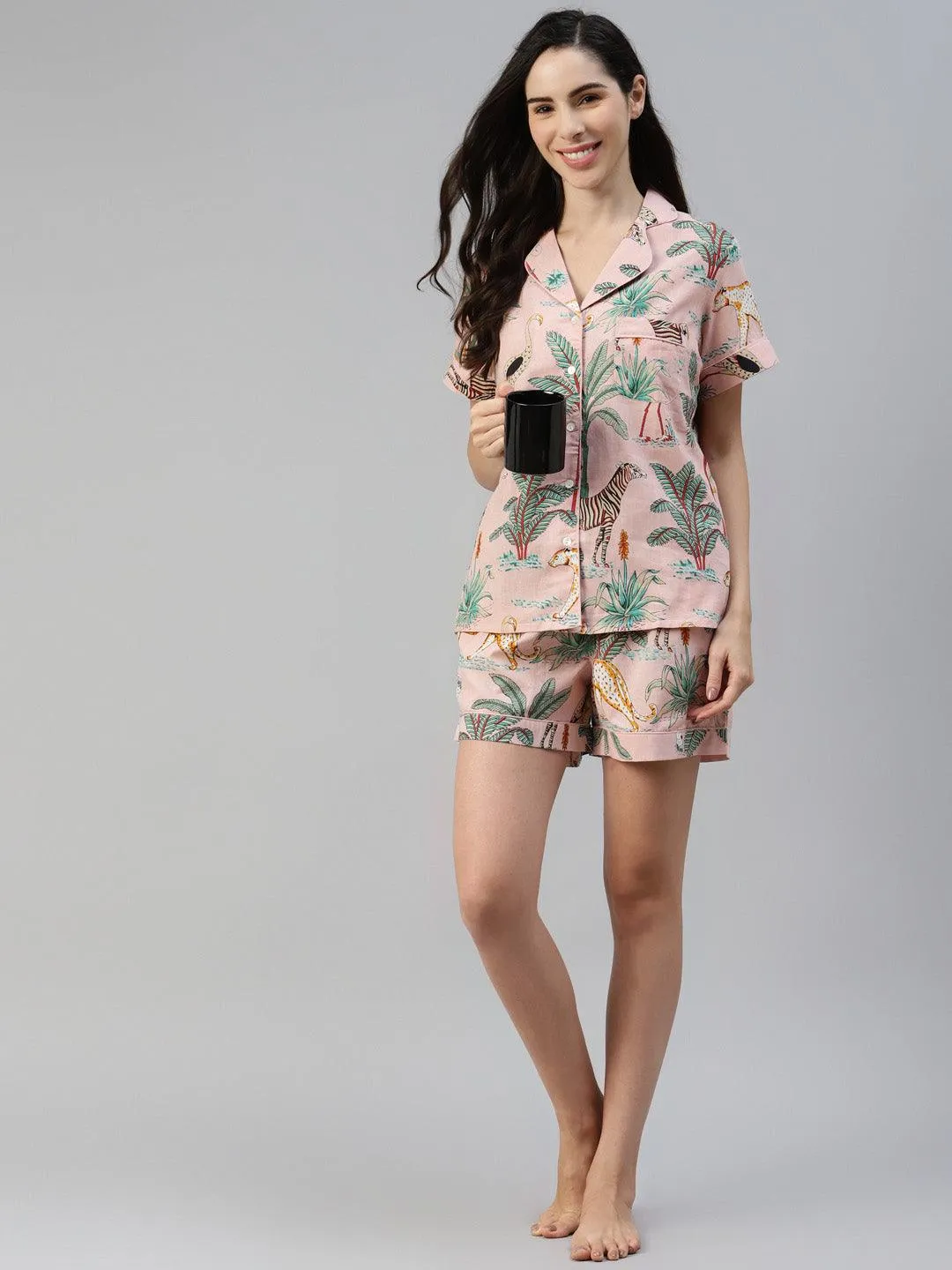 Pink Cotton Floral Print Night Suit