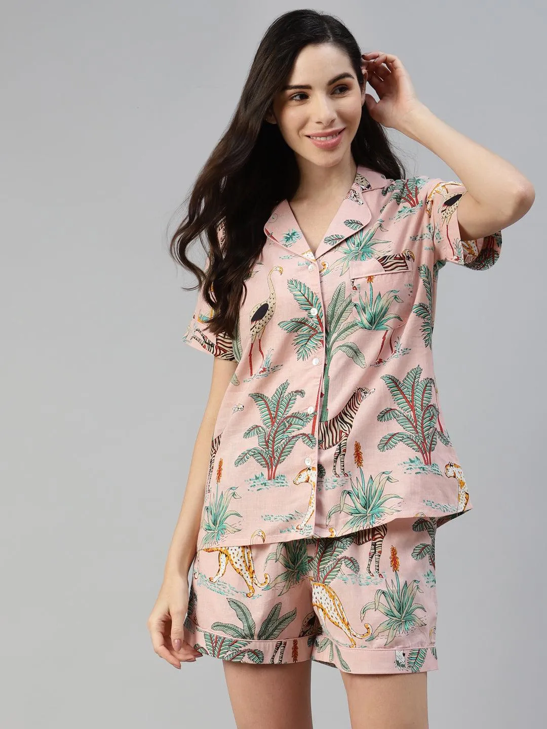 Pink Cotton Floral Print Night Suit