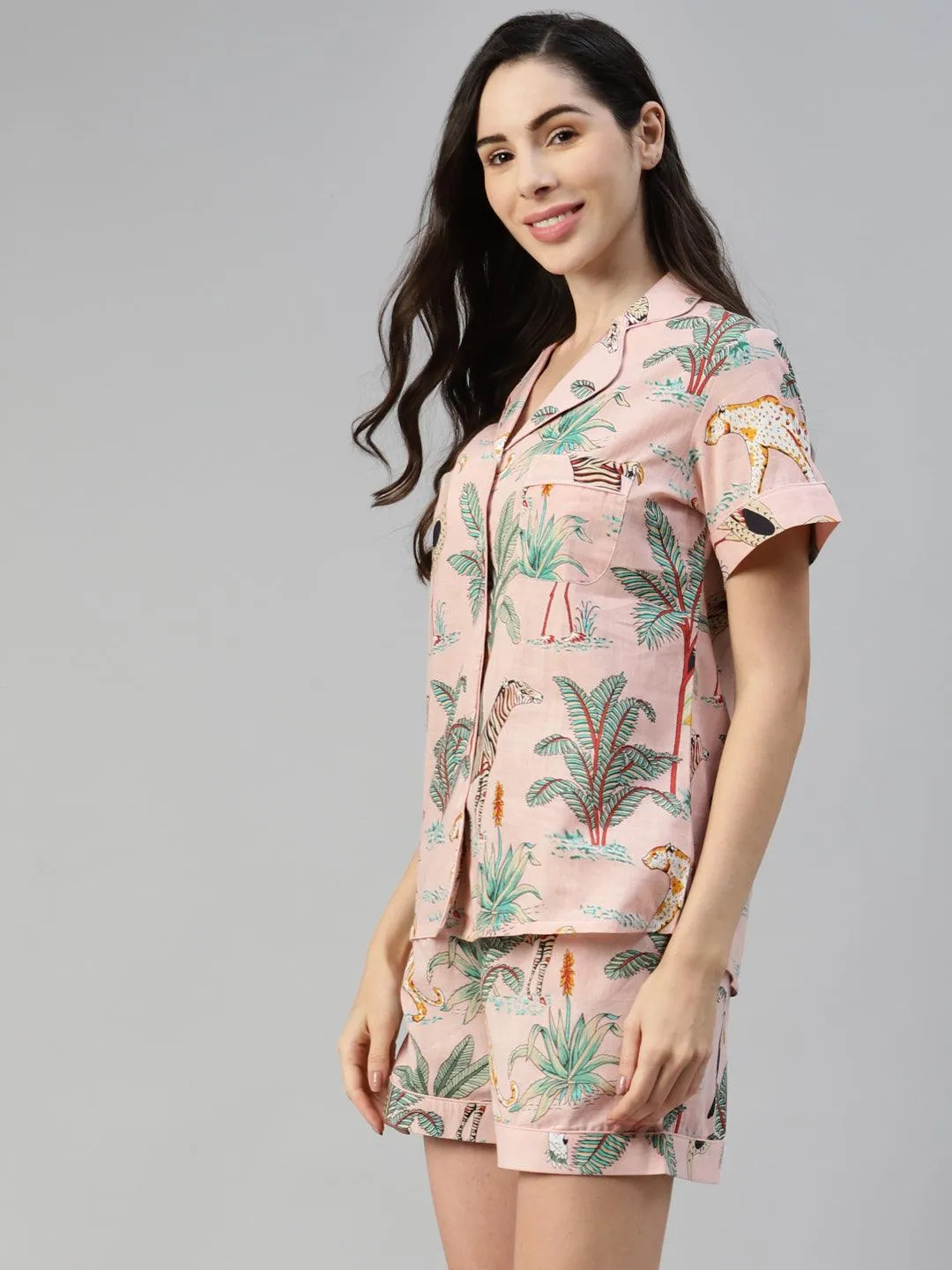 Pink Cotton Floral Print Night Suit