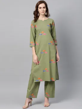 Pistachio Green 3/4Th Sleeve Printed Kurta Set With Ankle Length Printed Pants