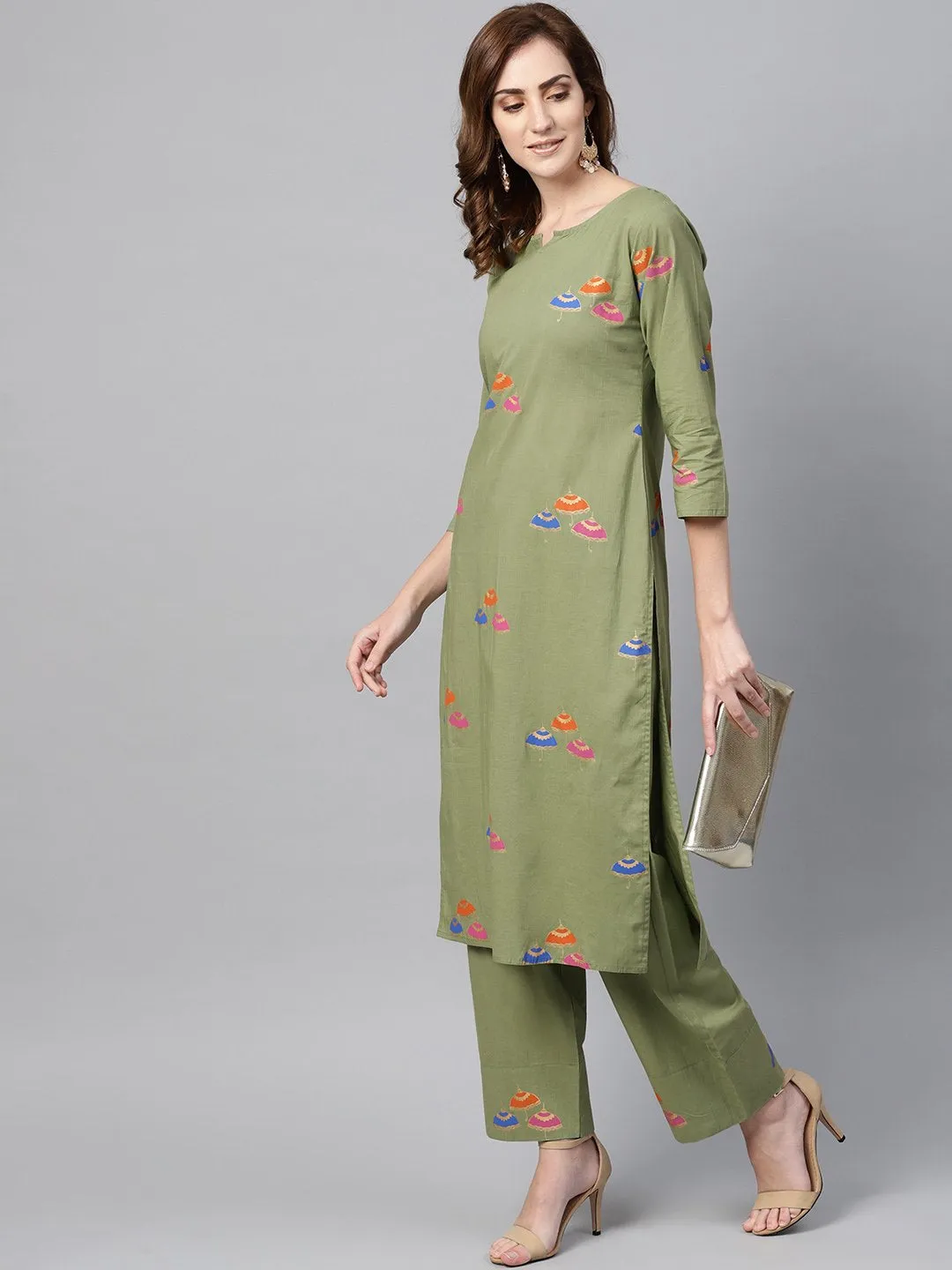 Pistachio Green 3/4Th Sleeve Printed Kurta Set With Ankle Length Printed Pants