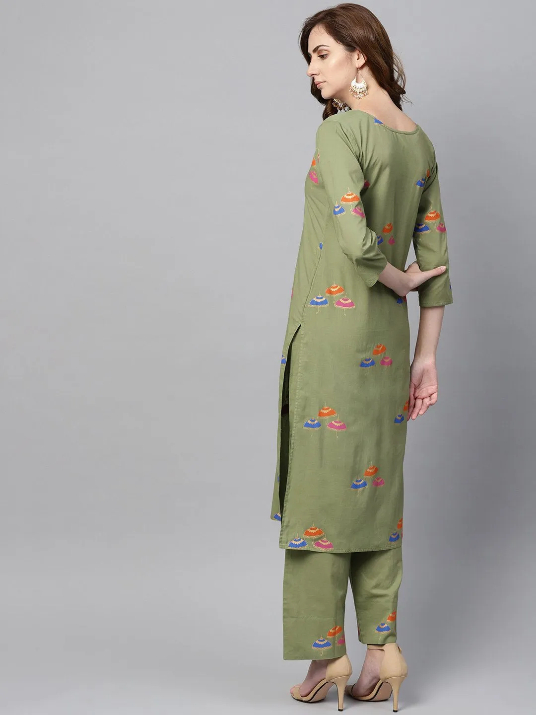 Pistachio Green 3/4Th Sleeve Printed Kurta Set With Ankle Length Printed Pants