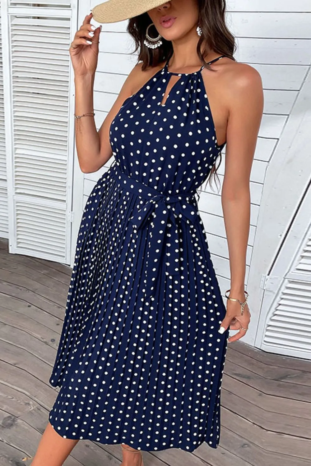 Polka Dot Tie-Waist Sleeveless Midi Dress