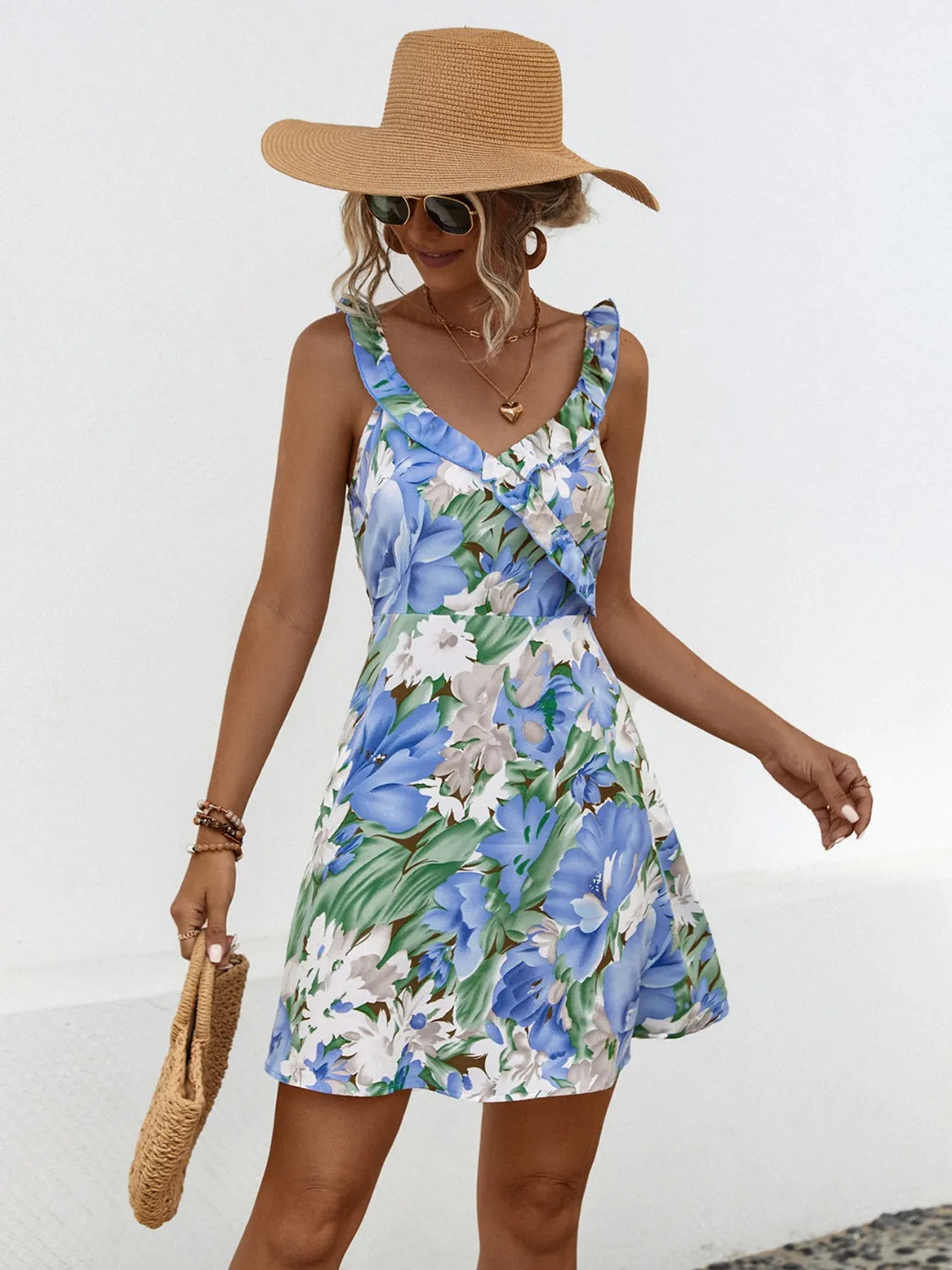 Printed Ruffled Surplice Wide Strap Mini Dress