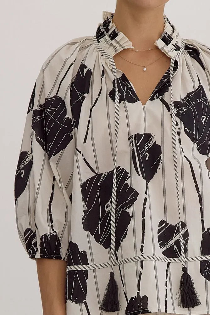 Printed V Neck 3/4 Sleeve Top in Black by Entro