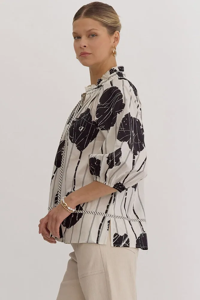 Printed V Neck 3/4 Sleeve Top in Black by Entro