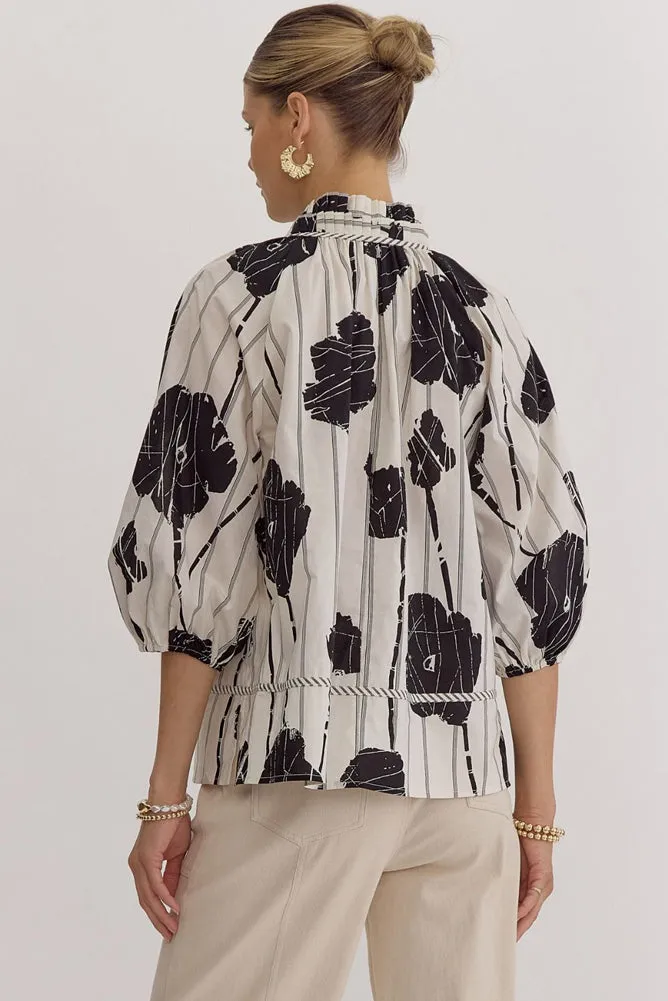 Printed V Neck 3/4 Sleeve Top in Black by Entro