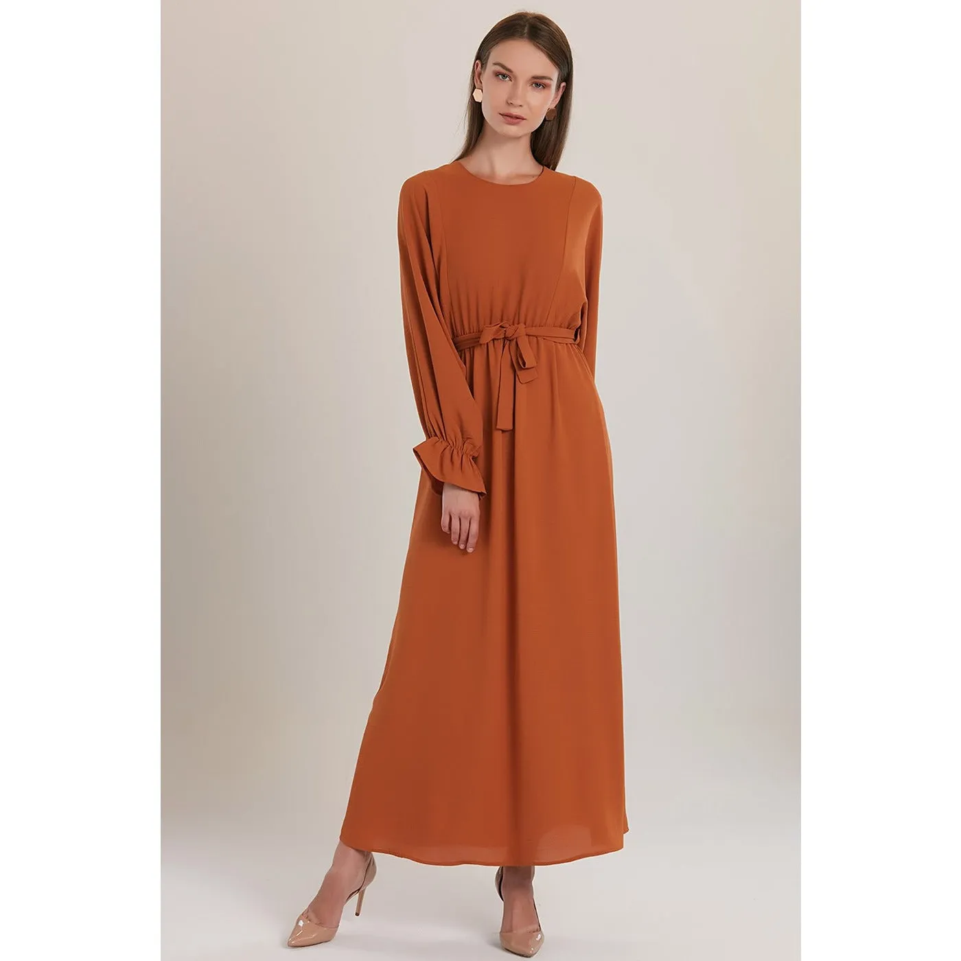 Rust Elastic Loose Long Dress