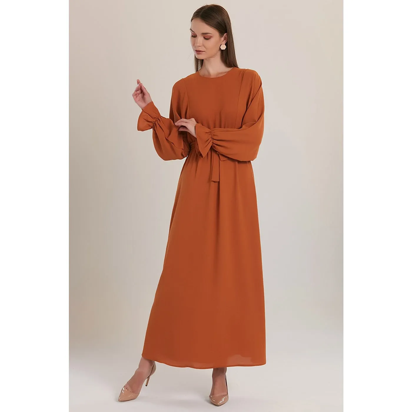 Rust Elastic Loose Long Dress