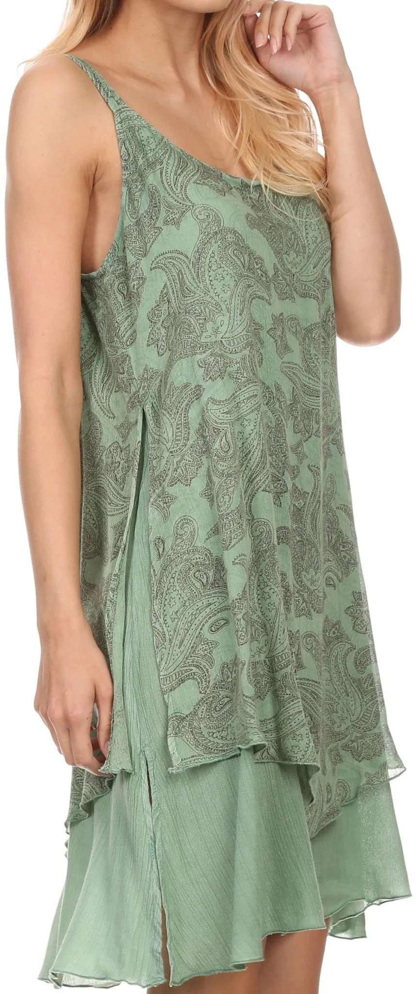 Sakkas Bell Short Mid Length Paisley Printed Lined Caftan Spaghetti Strap Dress