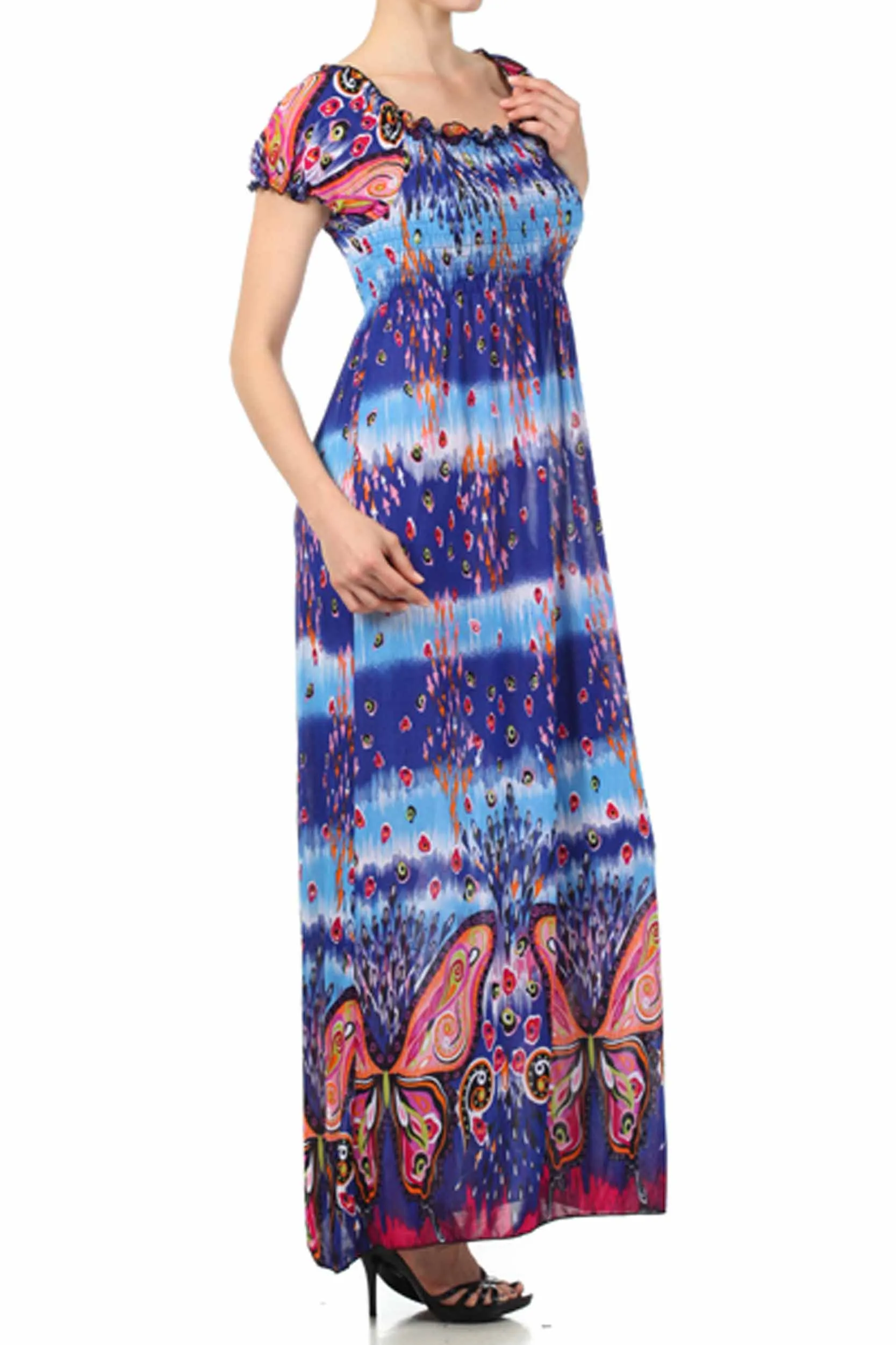 Sakkas Butterfly Smocked Bodice Cap Sleeve Maxi Dress