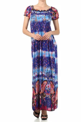 Sakkas Butterfly Smocked Bodice Cap Sleeve Maxi Dress