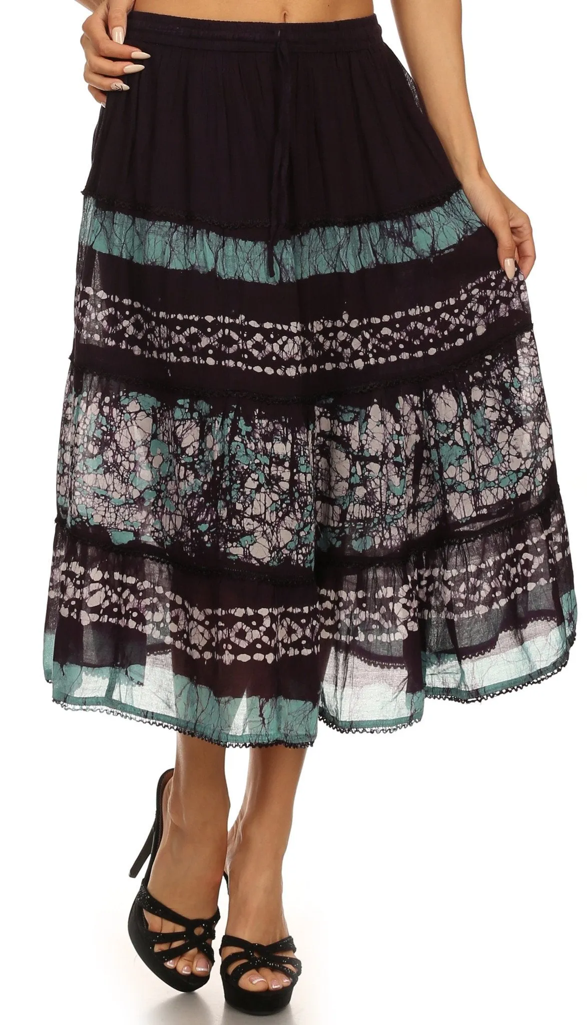 Sakkas Layla Adjustable Waist Batik Tiered Mid-length Skirt