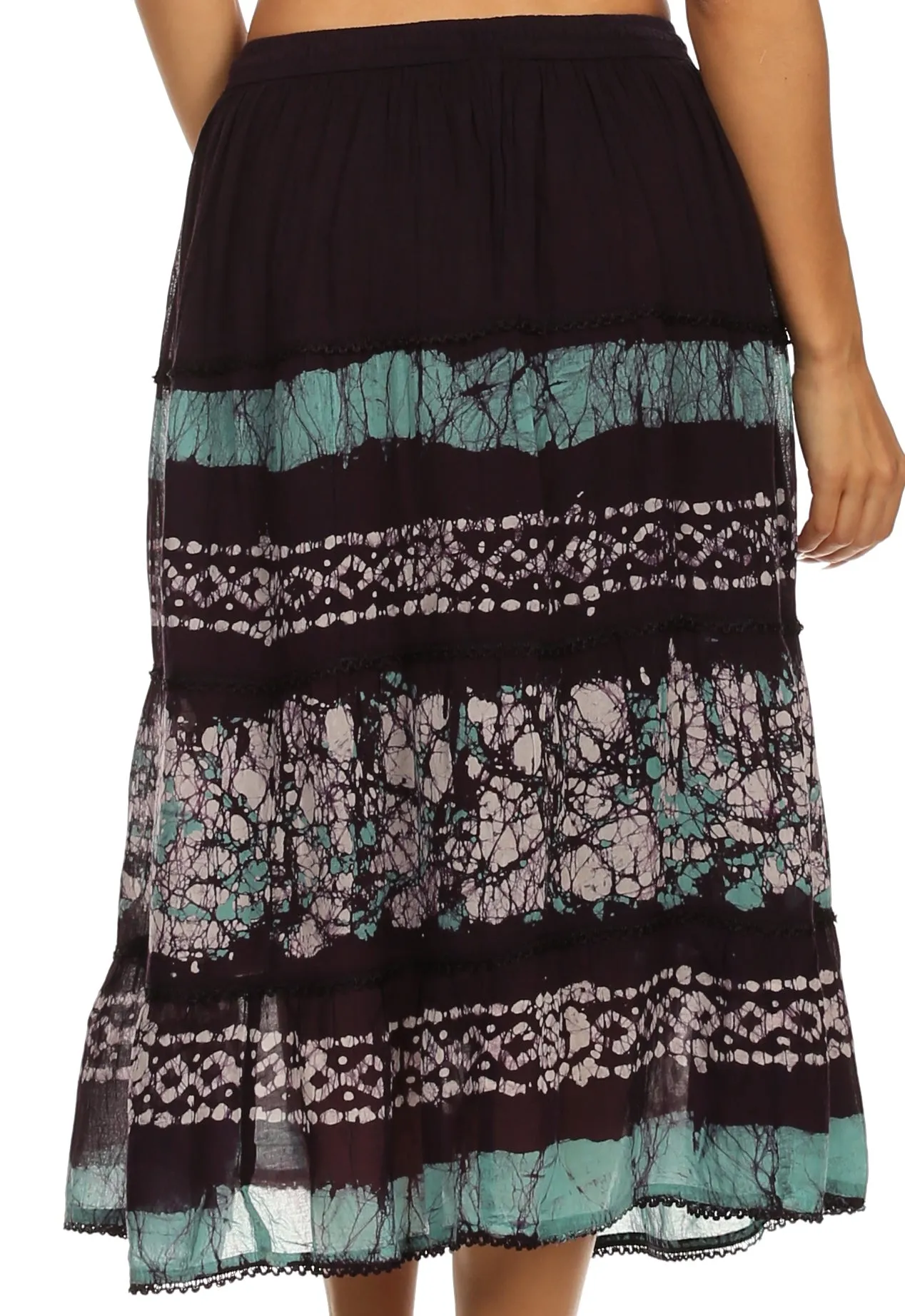 Sakkas Layla Adjustable Waist Batik Tiered Mid-length Skirt