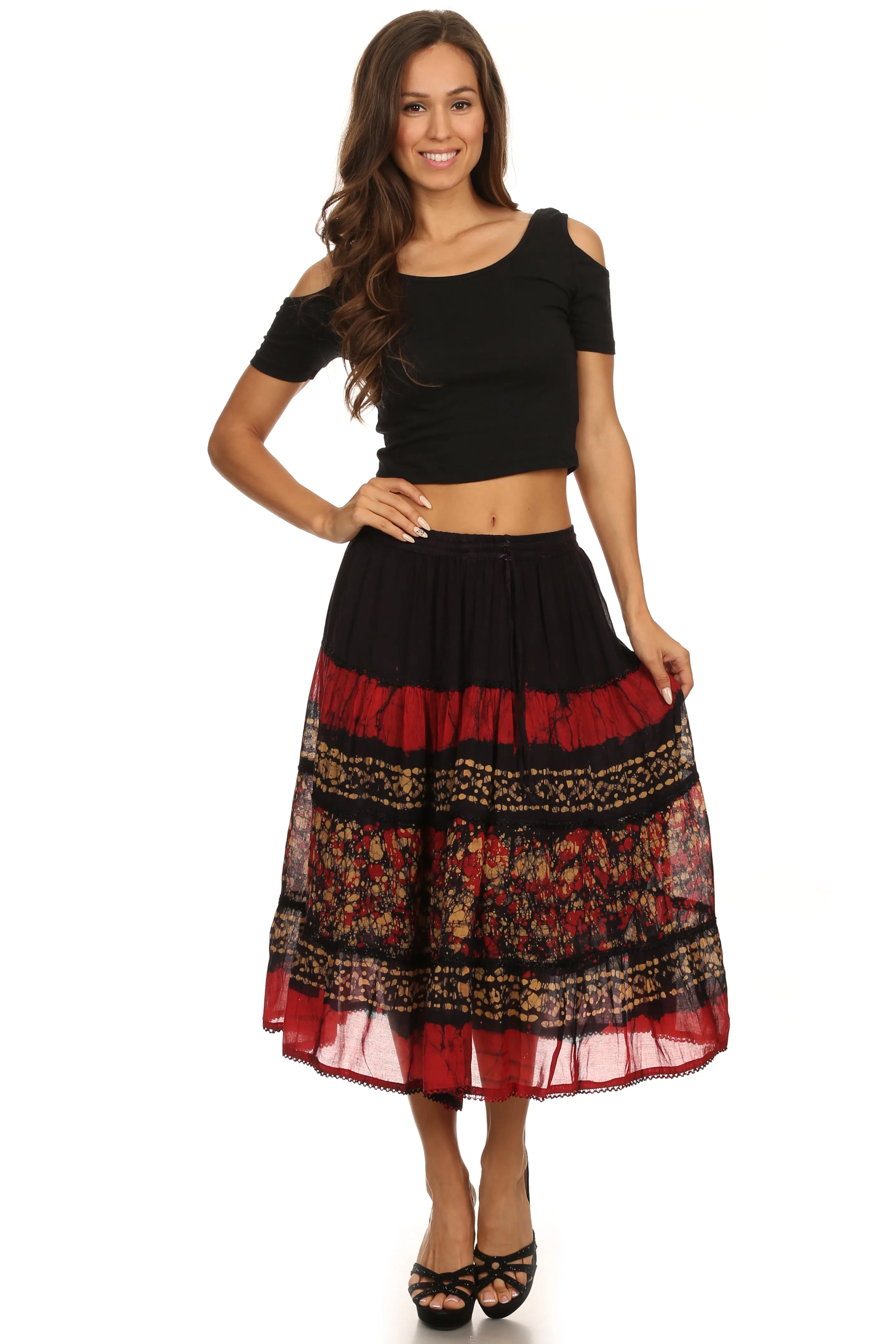 Sakkas Layla Adjustable Waist Batik Tiered Mid-length Skirt