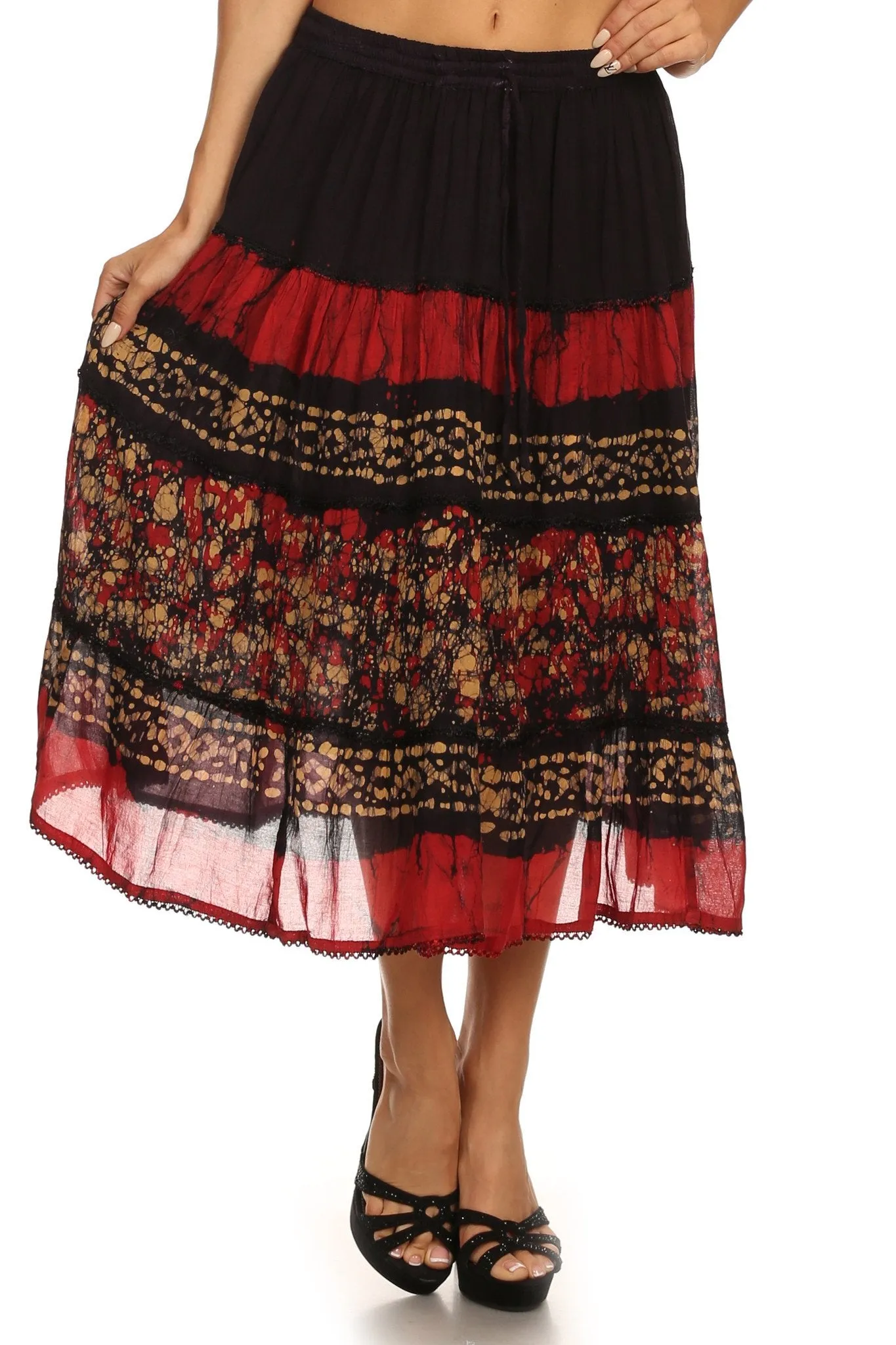 Sakkas Layla Adjustable Waist Batik Tiered Mid-length Skirt