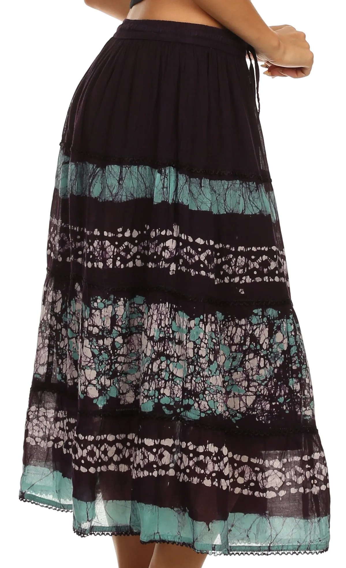 Sakkas Layla Adjustable Waist Batik Tiered Mid-length Skirt