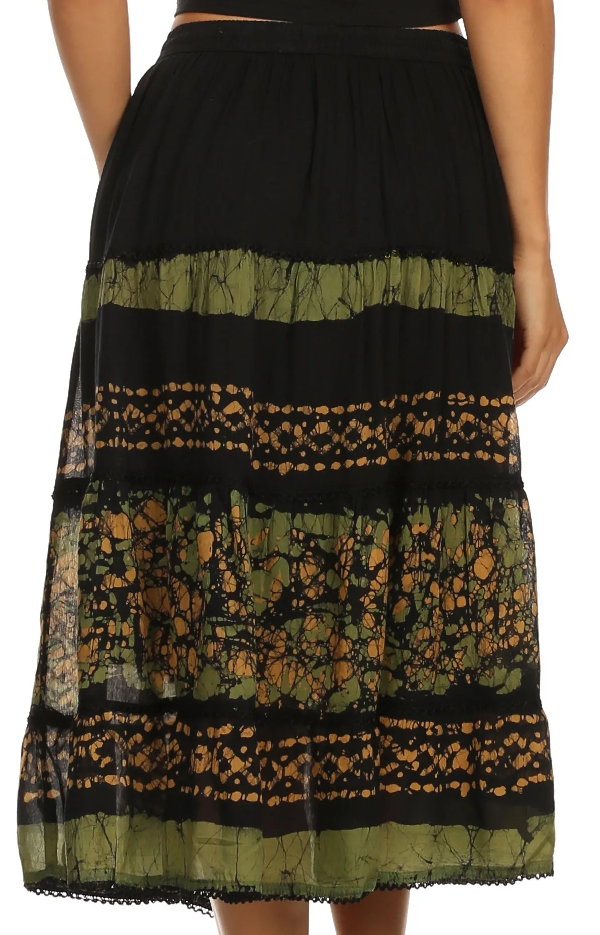 Sakkas Layla Adjustable Waist Batik Tiered Mid-length Skirt