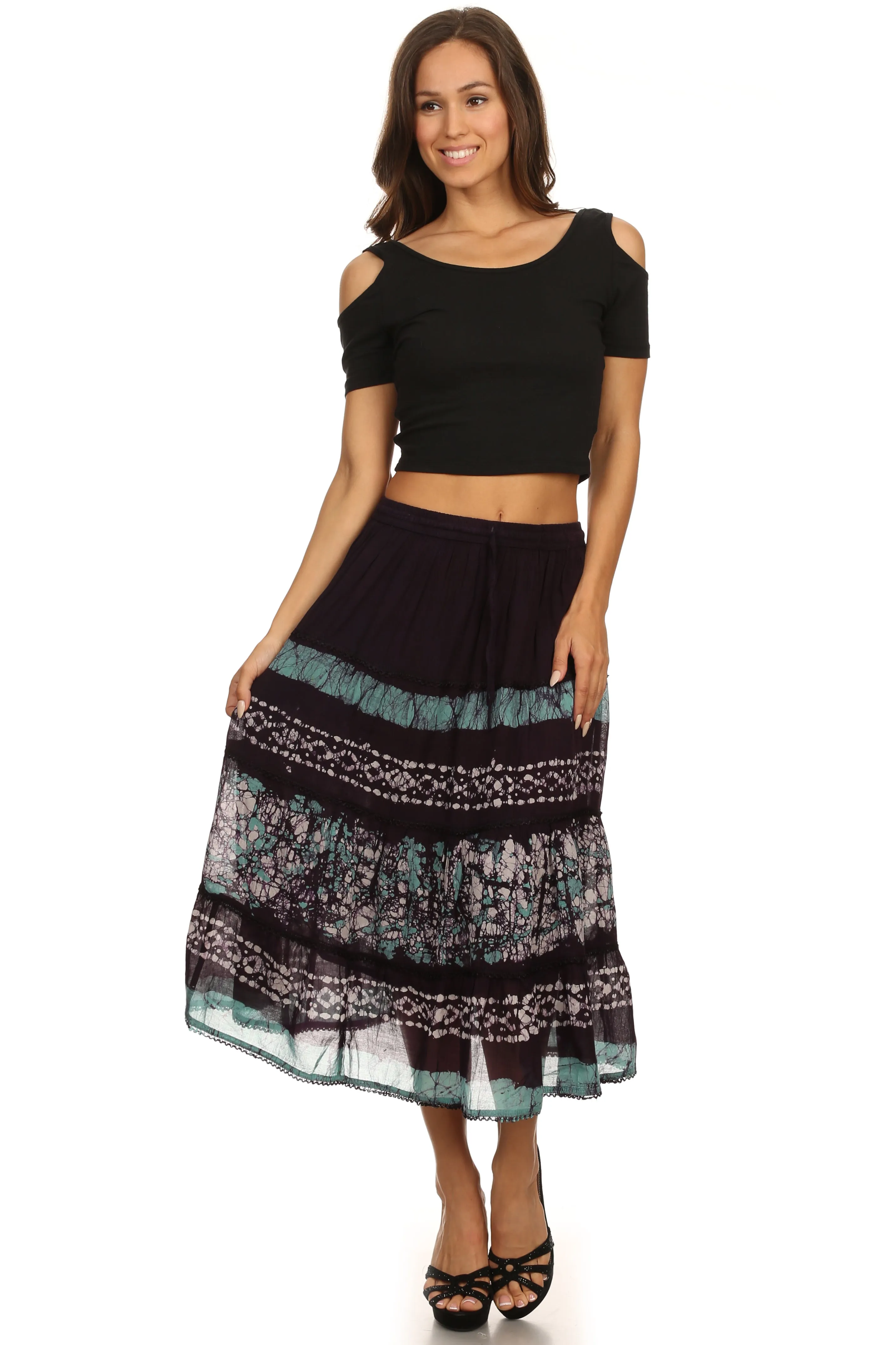 Sakkas Layla Adjustable Waist Batik Tiered Mid-length Skirt