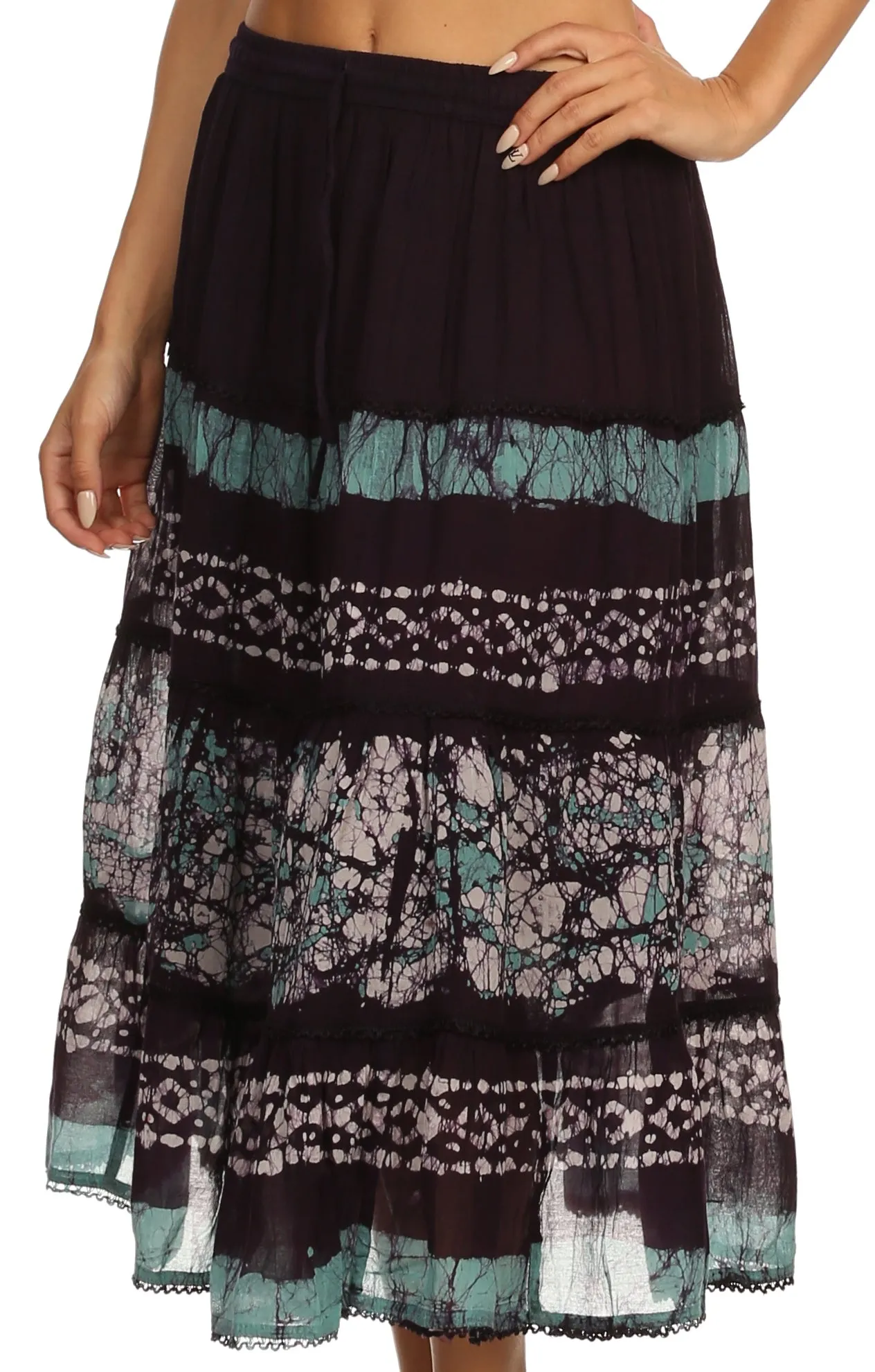 Sakkas Layla Adjustable Waist Batik Tiered Mid-length Skirt