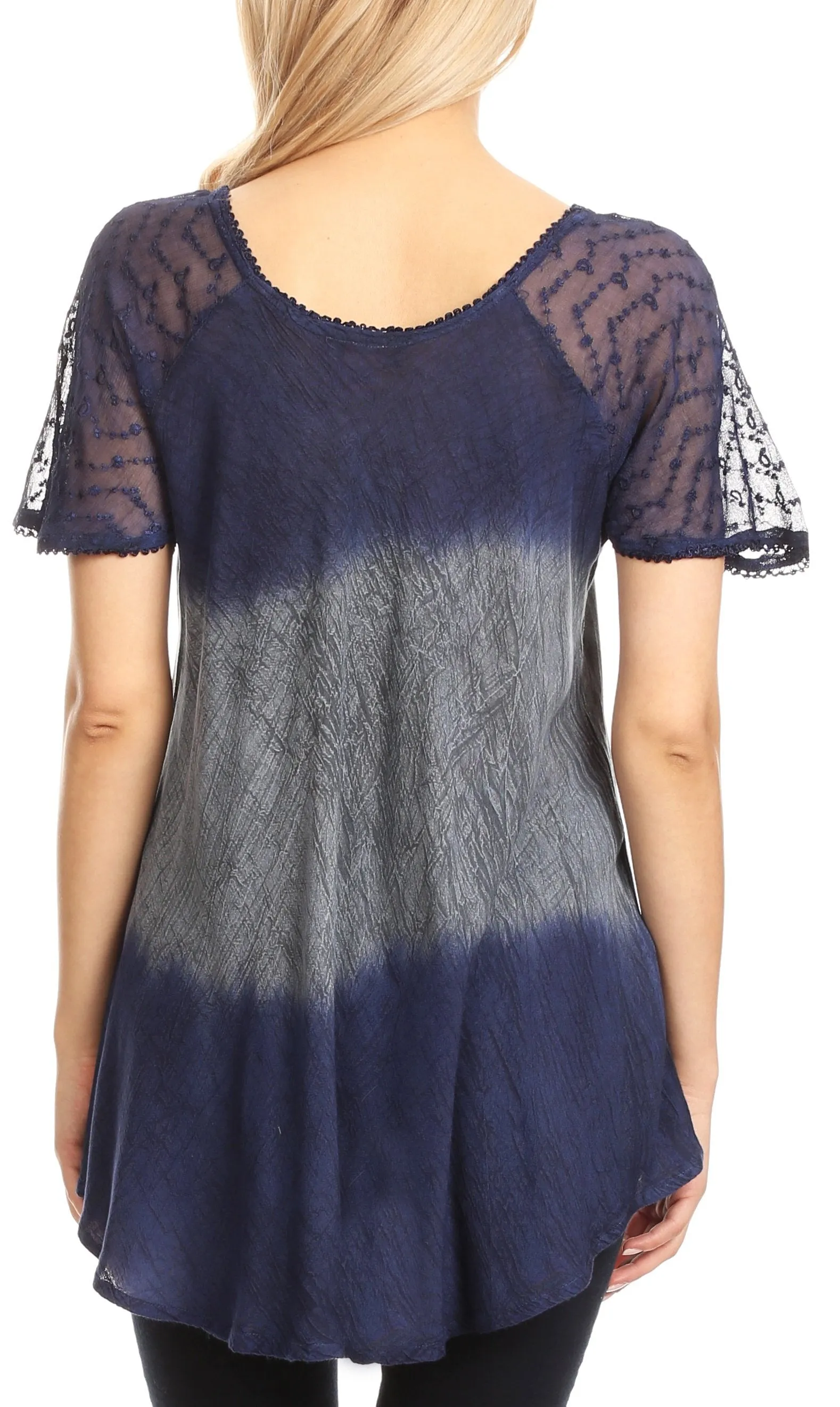 Sakkas Lily Casual Everyday Summer Short Sleeve Top Blouse with Block Print & Lace