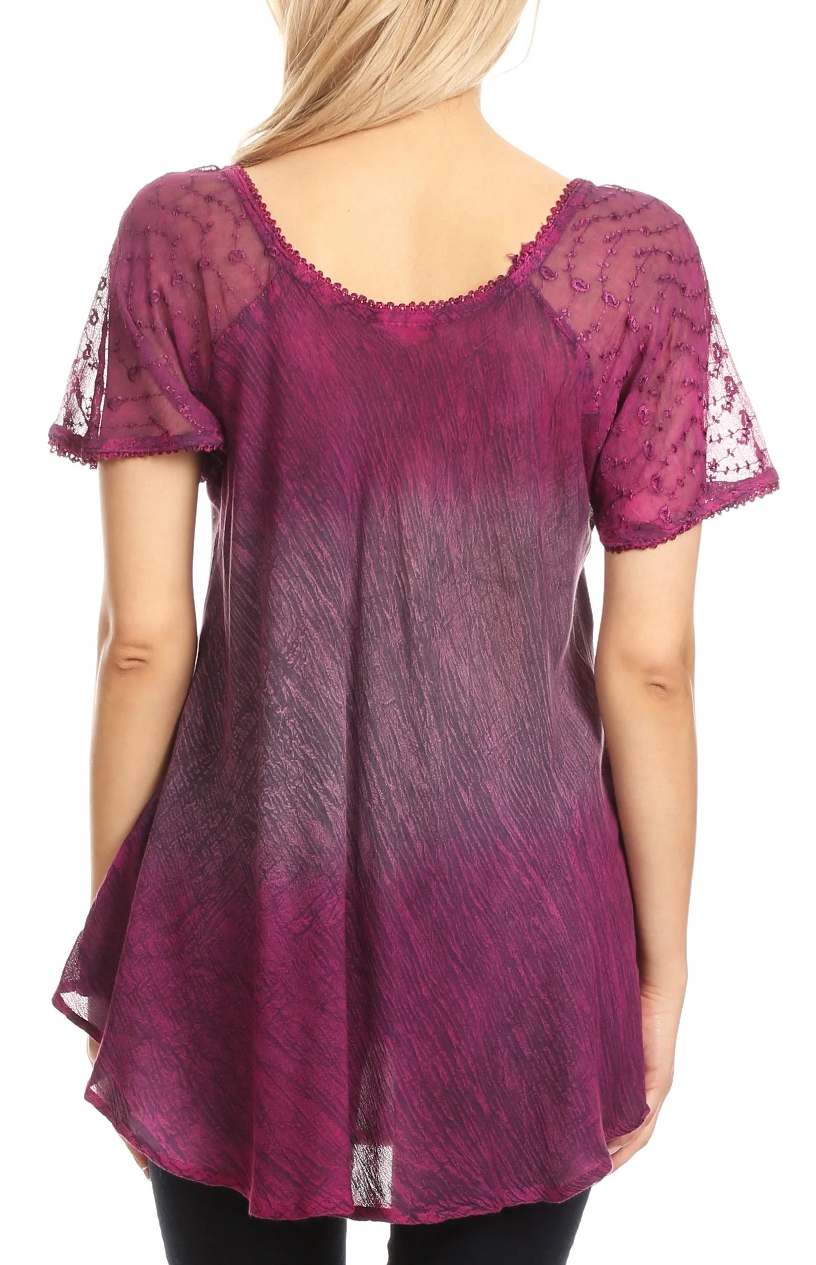 Sakkas Lily Casual Everyday Summer Short Sleeve Top Blouse with Block Print & Lace