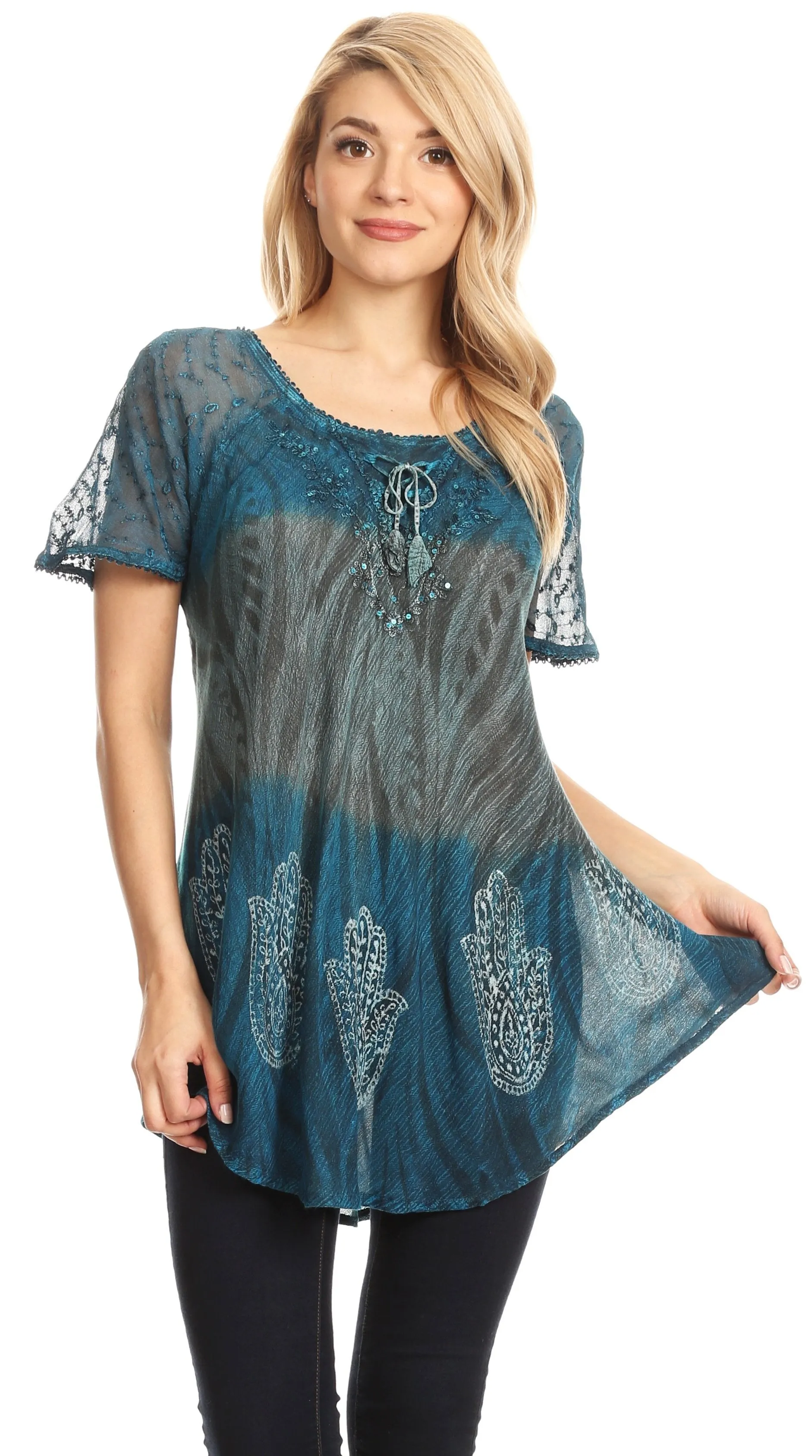 Sakkas Lily Casual Everyday Summer Short Sleeve Top Blouse with Block Print & Lace