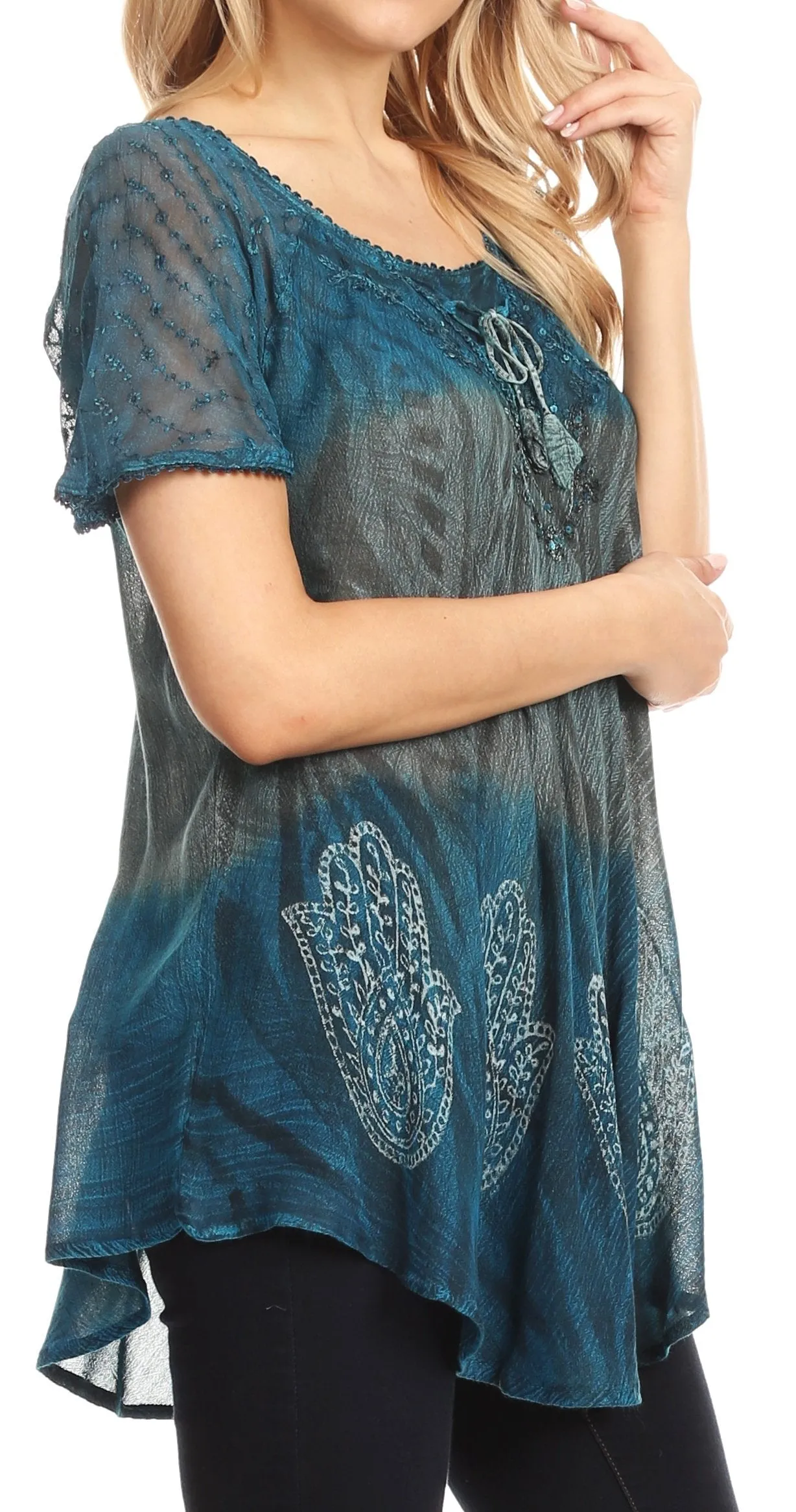 Sakkas Lily Casual Everyday Summer Short Sleeve Top Blouse with Block Print & Lace