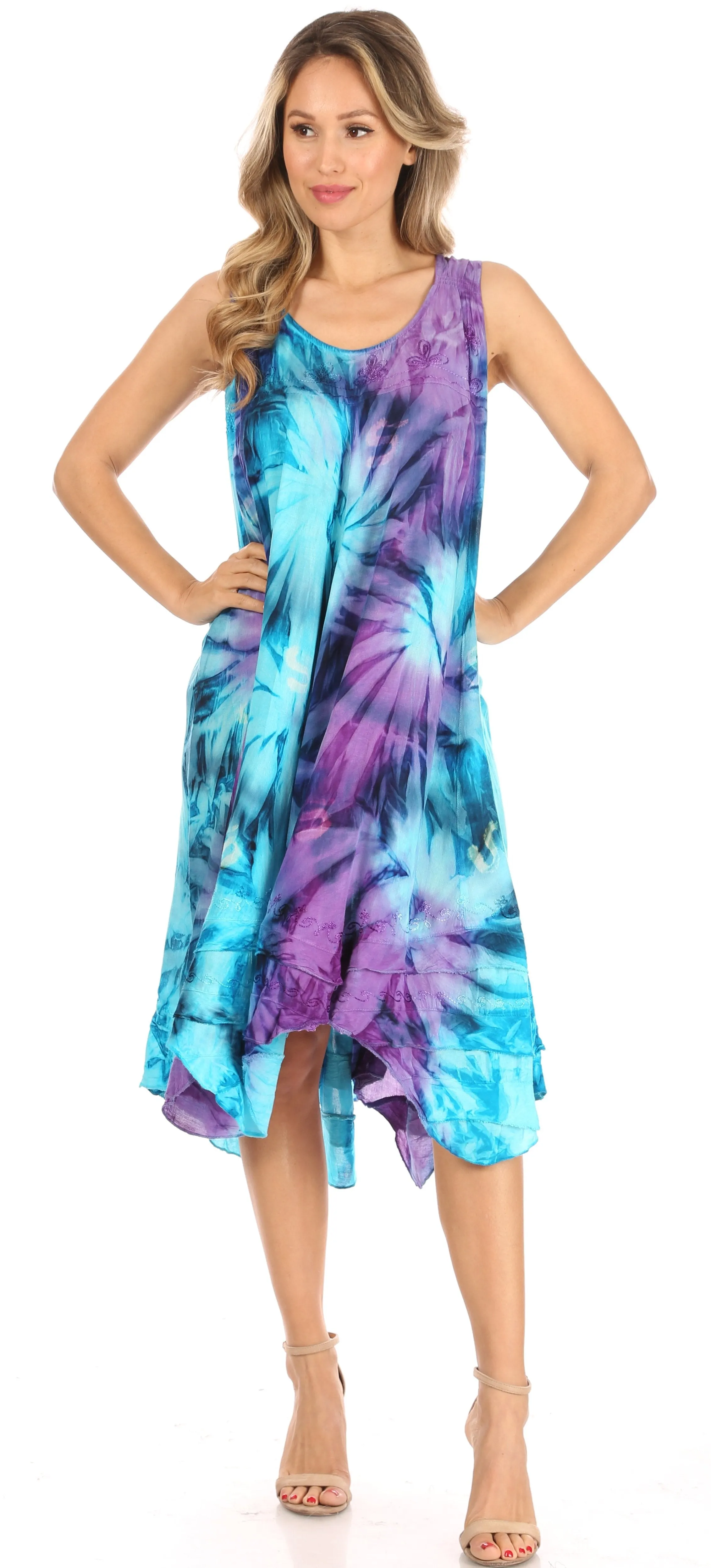 Sakkas Magy Women's Casual Summer Sleeveless Loose Tank Dress Tie-dye Floral Print