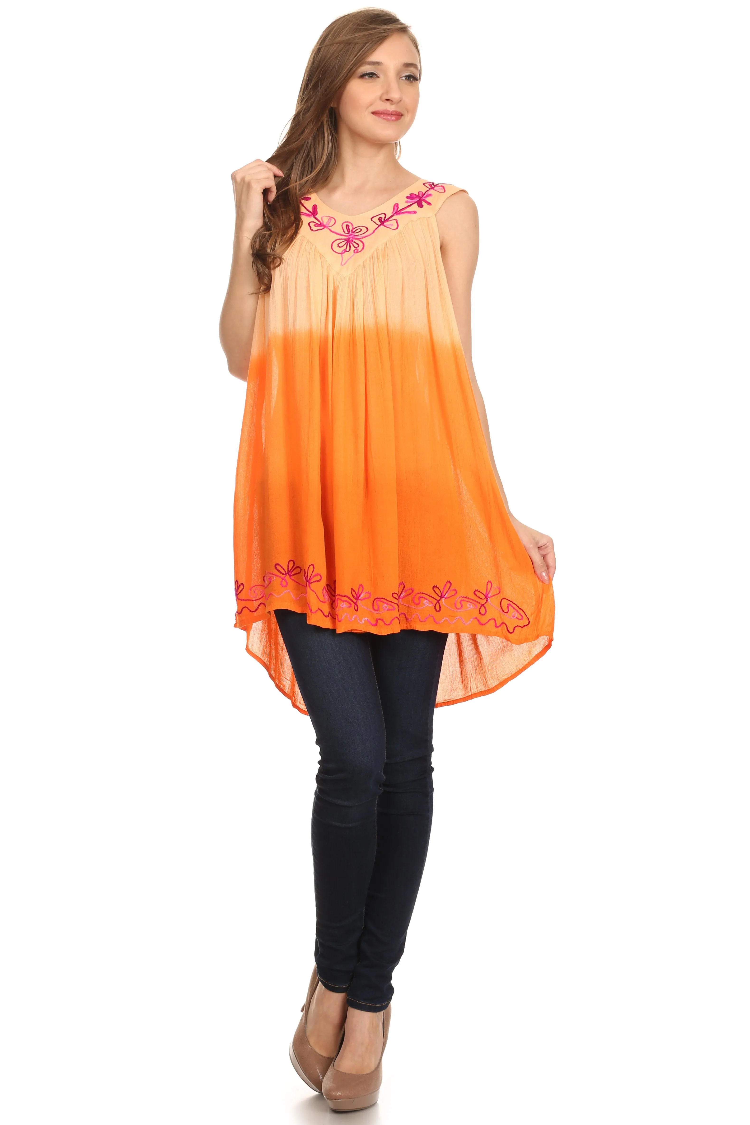 Sakkas Melina Ombre Sleeveless Embroidered V-neck Rayon Top / Blouse