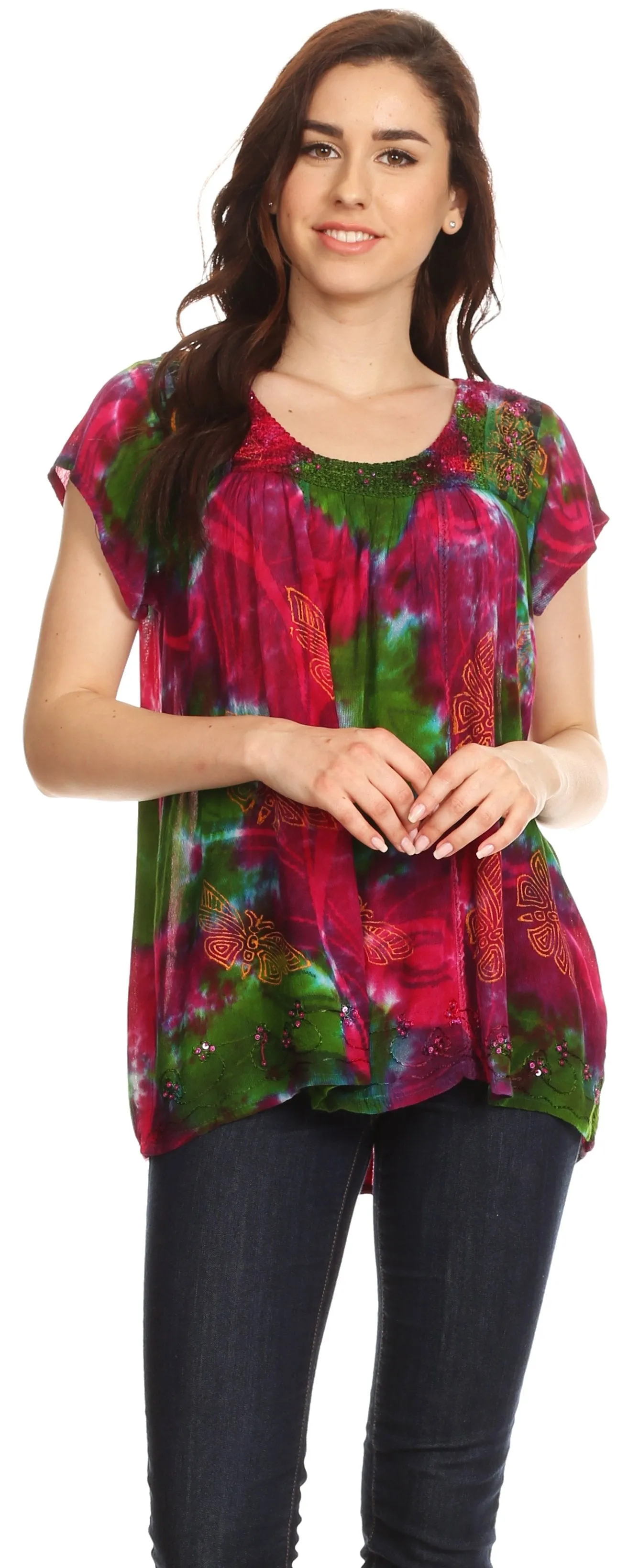 Sakkas Olga Petite Slim Colorful Tie-Dye Short Sleeve Top Blouse with Embroidery