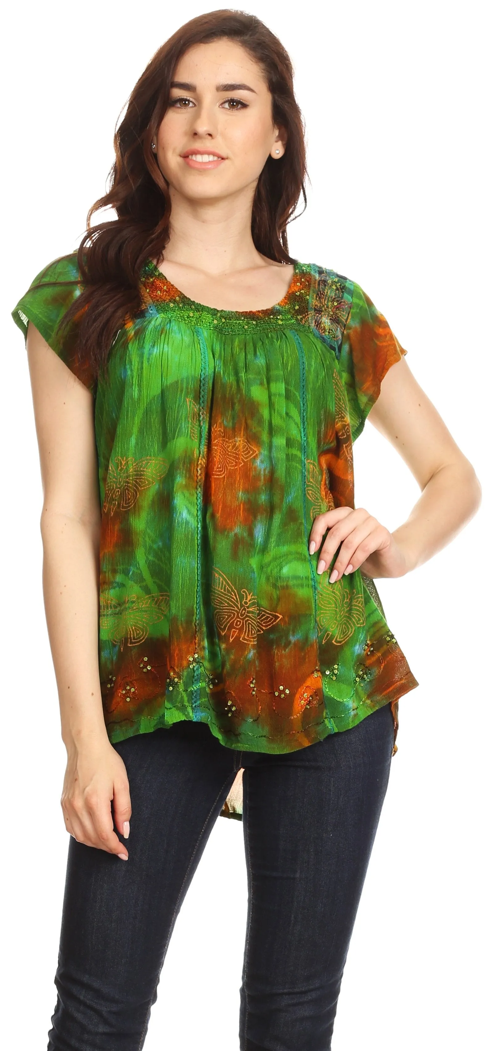 Sakkas Olga Petite Slim Colorful Tie-Dye Short Sleeve Top Blouse with Embroidery