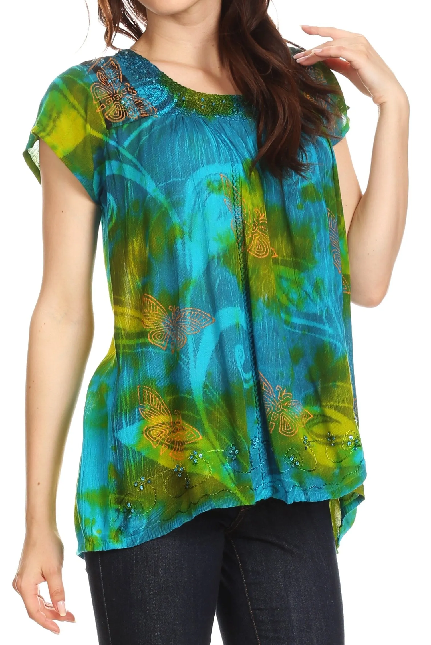 Sakkas Olga Petite Slim Colorful Tie-Dye Short Sleeve Top Blouse with Embroidery