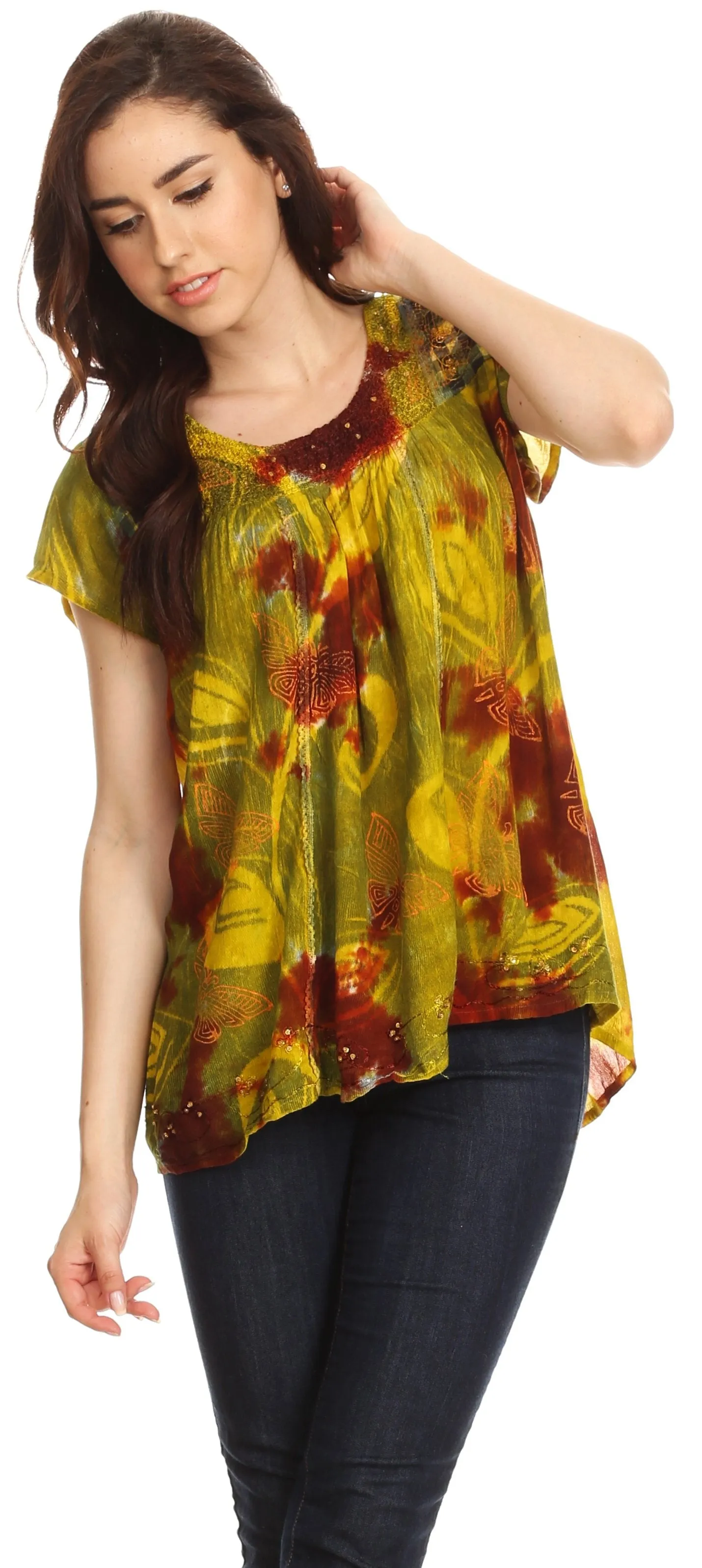 Sakkas Olga Petite Slim Colorful Tie-Dye Short Sleeve Top Blouse with Embroidery