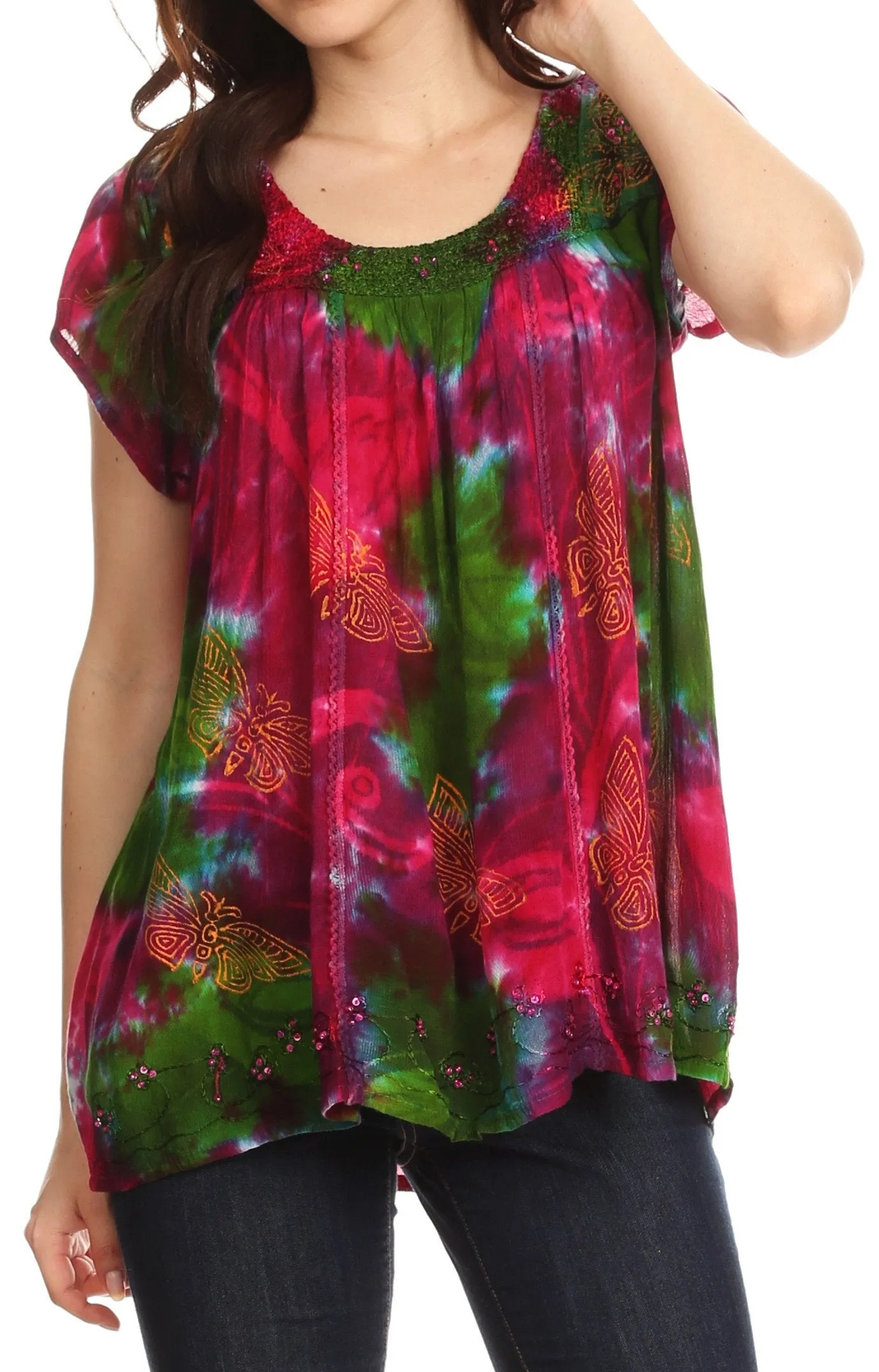 Sakkas Olga Petite Slim Colorful Tie-Dye Short Sleeve Top Blouse with Embroidery