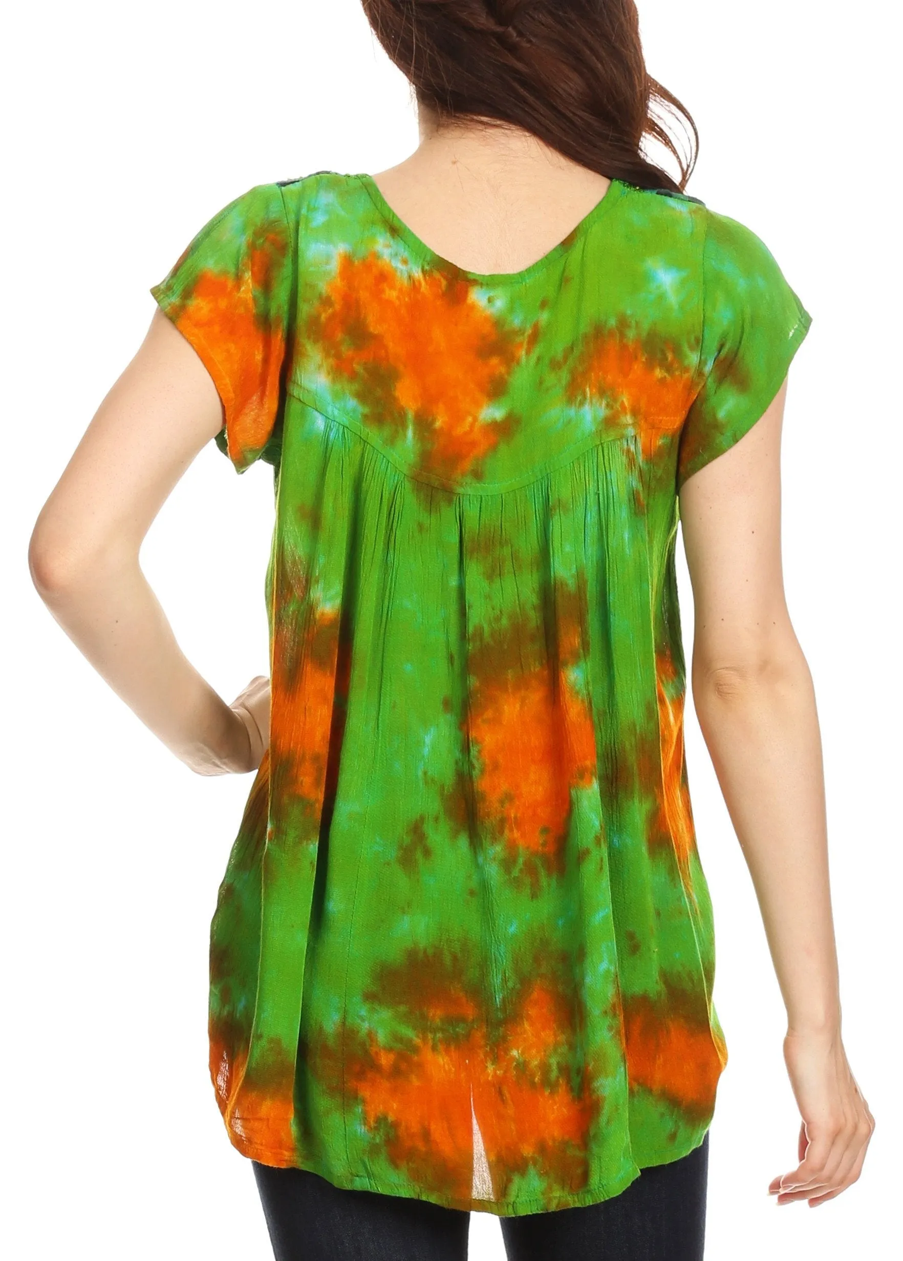 Sakkas Olga Petite Slim Colorful Tie-Dye Short Sleeve Top Blouse with Embroidery