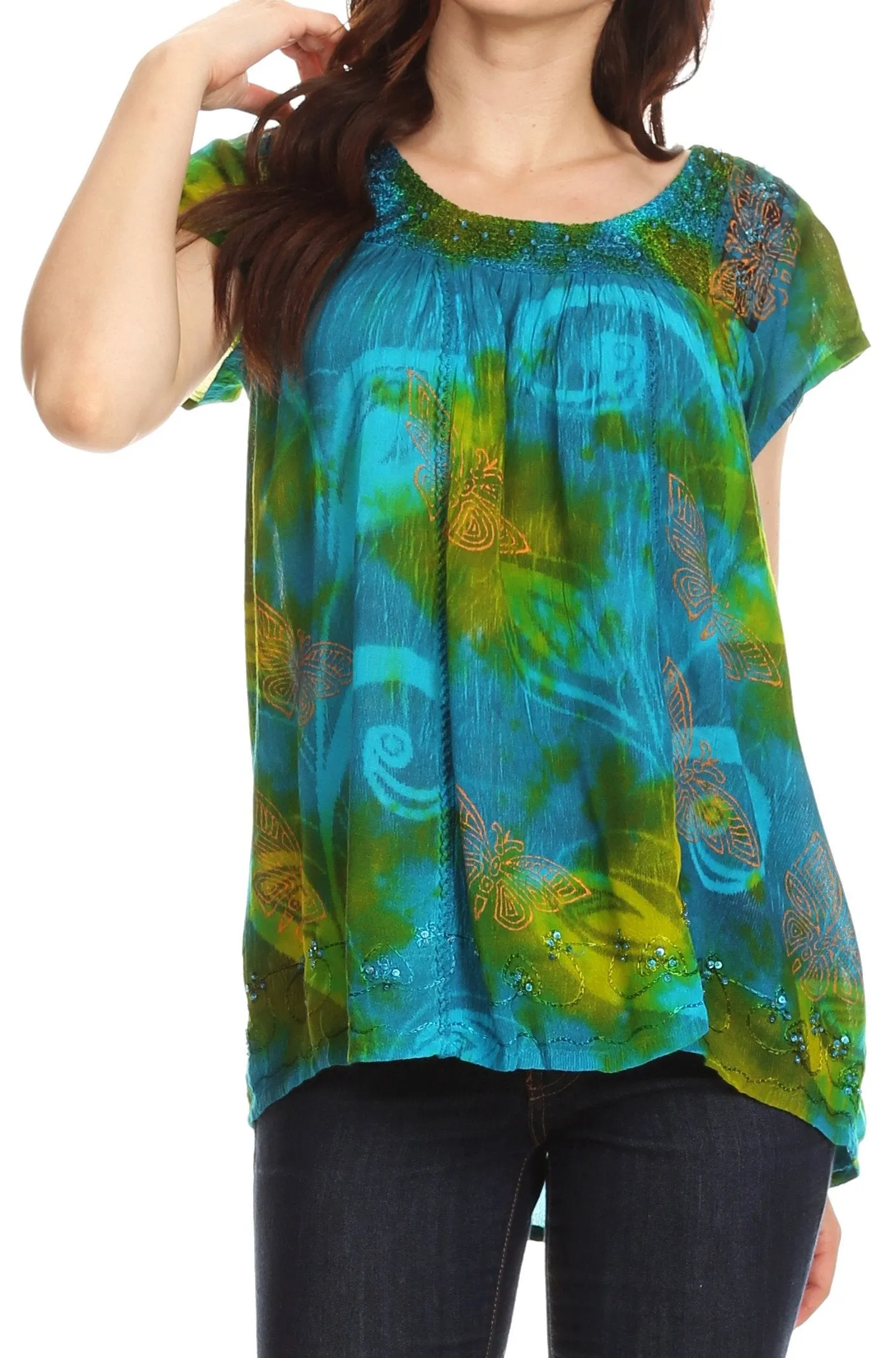 Sakkas Olga Petite Slim Colorful Tie-Dye Short Sleeve Top Blouse with Embroidery