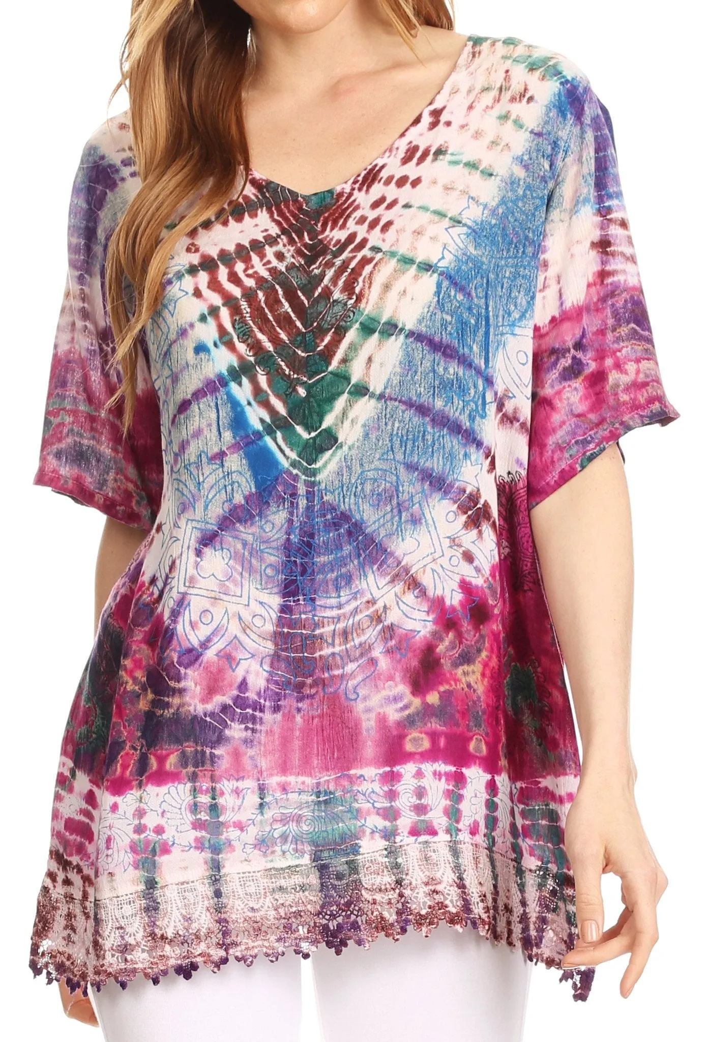 Sakkas Sarah Tie Dye V Neck Top Blouse with Short Sleeves and Lace Trim