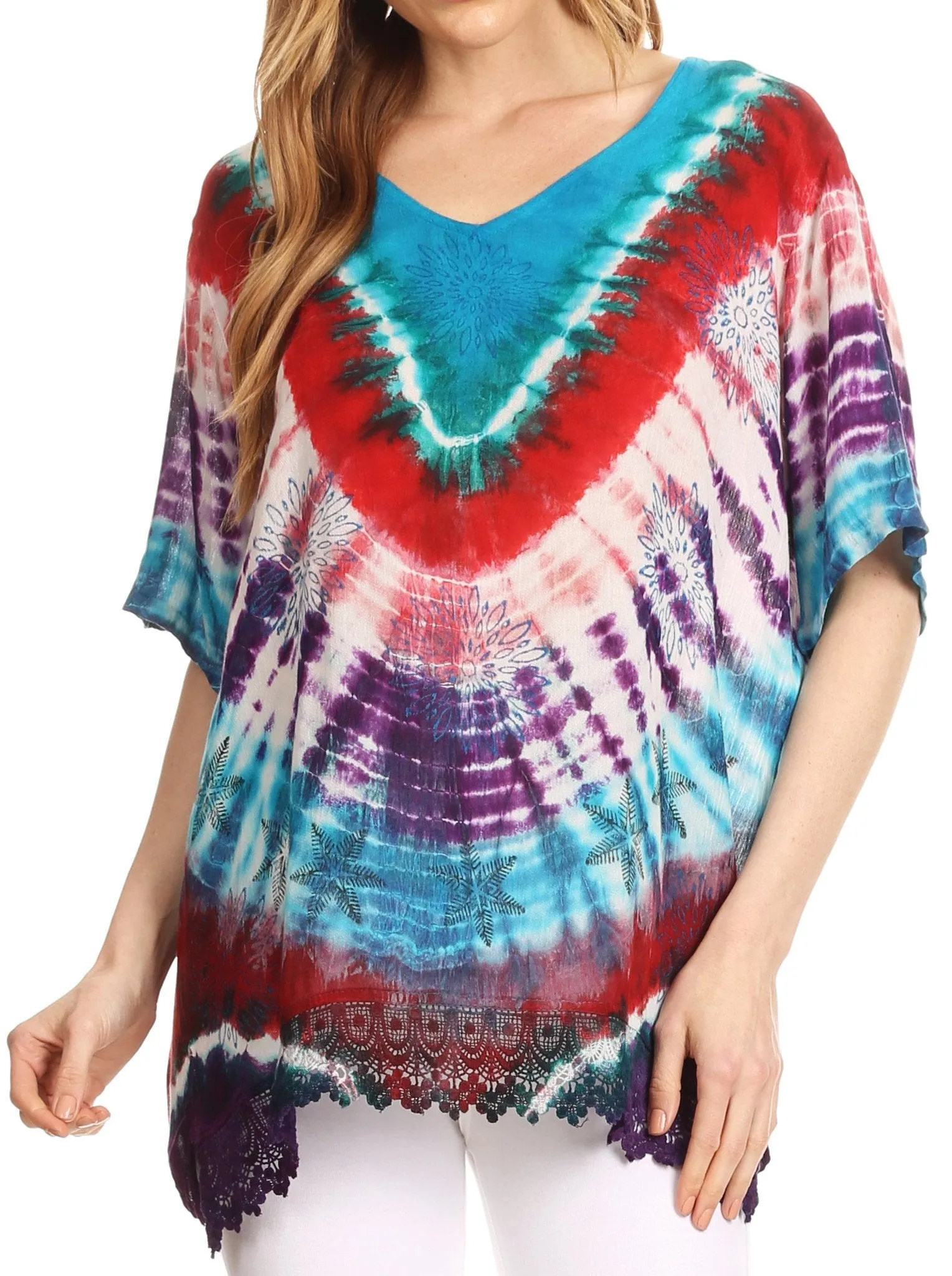 Sakkas Sarah Tie Dye V Neck Top Blouse with Short Sleeves and Lace Trim