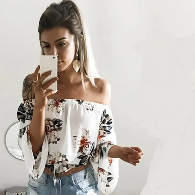 Sexy off Shoulder Flower Print Chiffon Blouse Women Chocker Shirt blusa Casual ropa mujer veste femme Summer Style Top Boho Tee