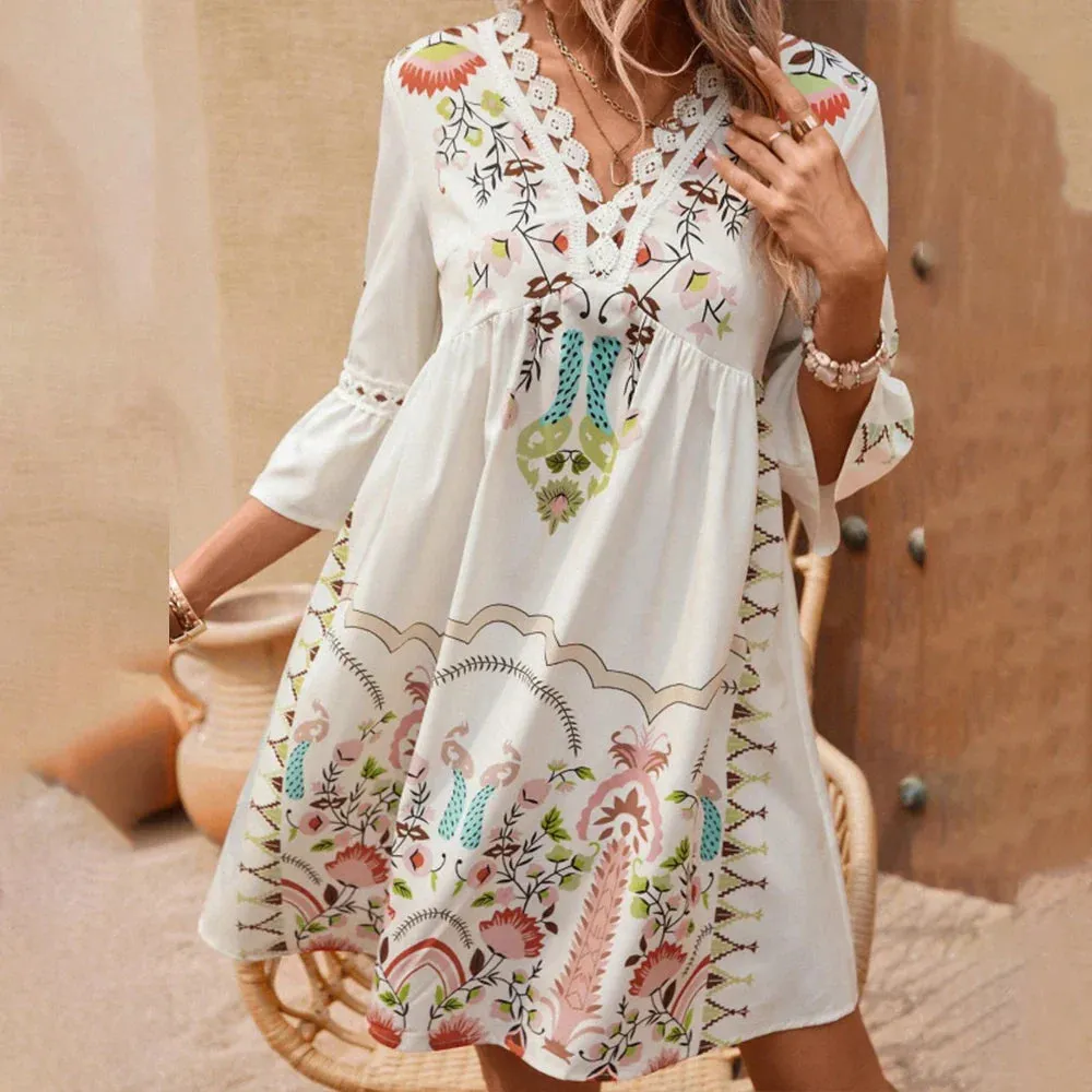 Sexy Vacation Bohemian Floral Short Beach Summer Sun Vintage Mini Dress