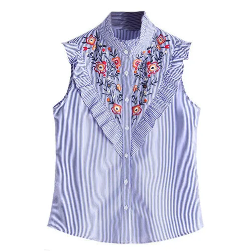 SHEIN Sleeveless Top Women Summer Women's Blouses Tops Blue Striped Ruffle Trim Embroidered Band Collar Sleeveless Blouse