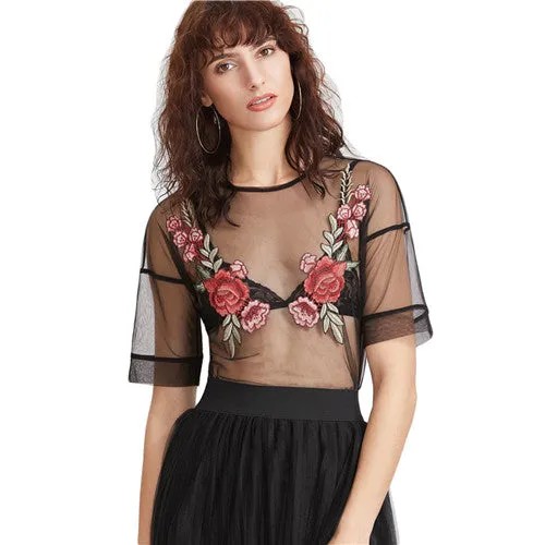 SHEIN Women Summer Black Embroidered Rose Applique Sheer Mesh Top Sexy Women's Blouses Short Sleeve Sexy Blouse