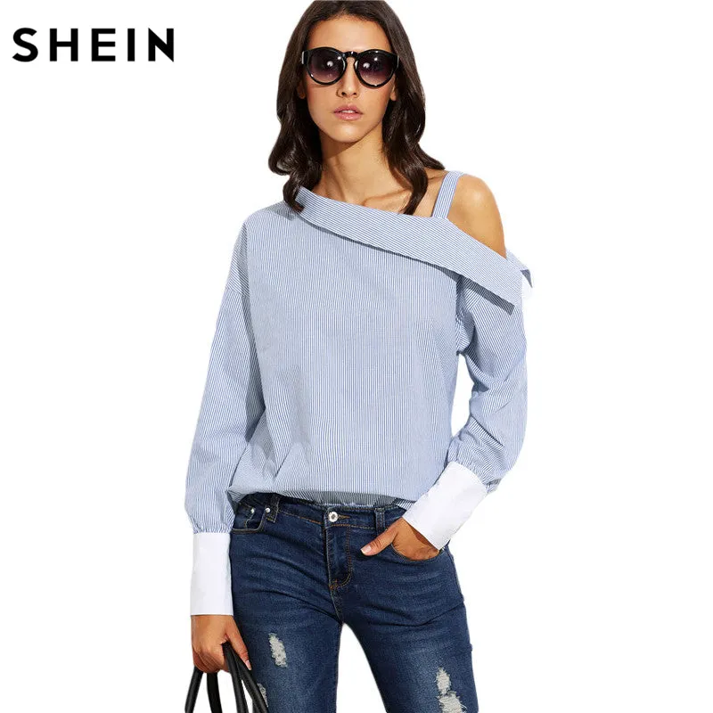 SHEIN Womens Tops Fashion Autumn Ladies Blue Striped Fold Over Asymmetric Shoulder Long Sleeve Contrast Cuff Blouse