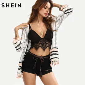 SHEIN Womens Tops For Summer Ladies Multicolor Long Sleeve Black and White Print Open-Front Tassel Casual Kimono