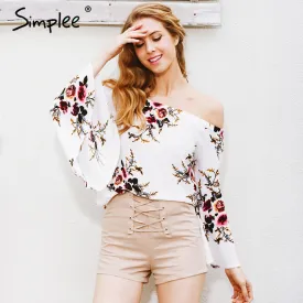 Simplee Off shoulder chiffon blouse shirt women Sexy summer white print blouse Casual flare sleeve cool blouse