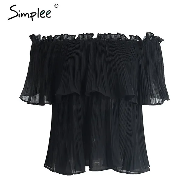 Simplee Off shoulder ruffle chiffon blouse shirt Casual loose pleated short sleeve shirt women tops Summer beach white bluasa