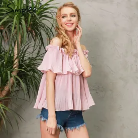 Simplee Off shoulder ruffle chiffon blouse shirt Casual loose pleated short sleeve shirt women tops Summer beach white bluasa