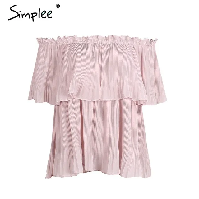 Simplee Off shoulder ruffle chiffon blouse shirt Casual loose pleated short sleeve shirt women tops Summer beach white bluasa